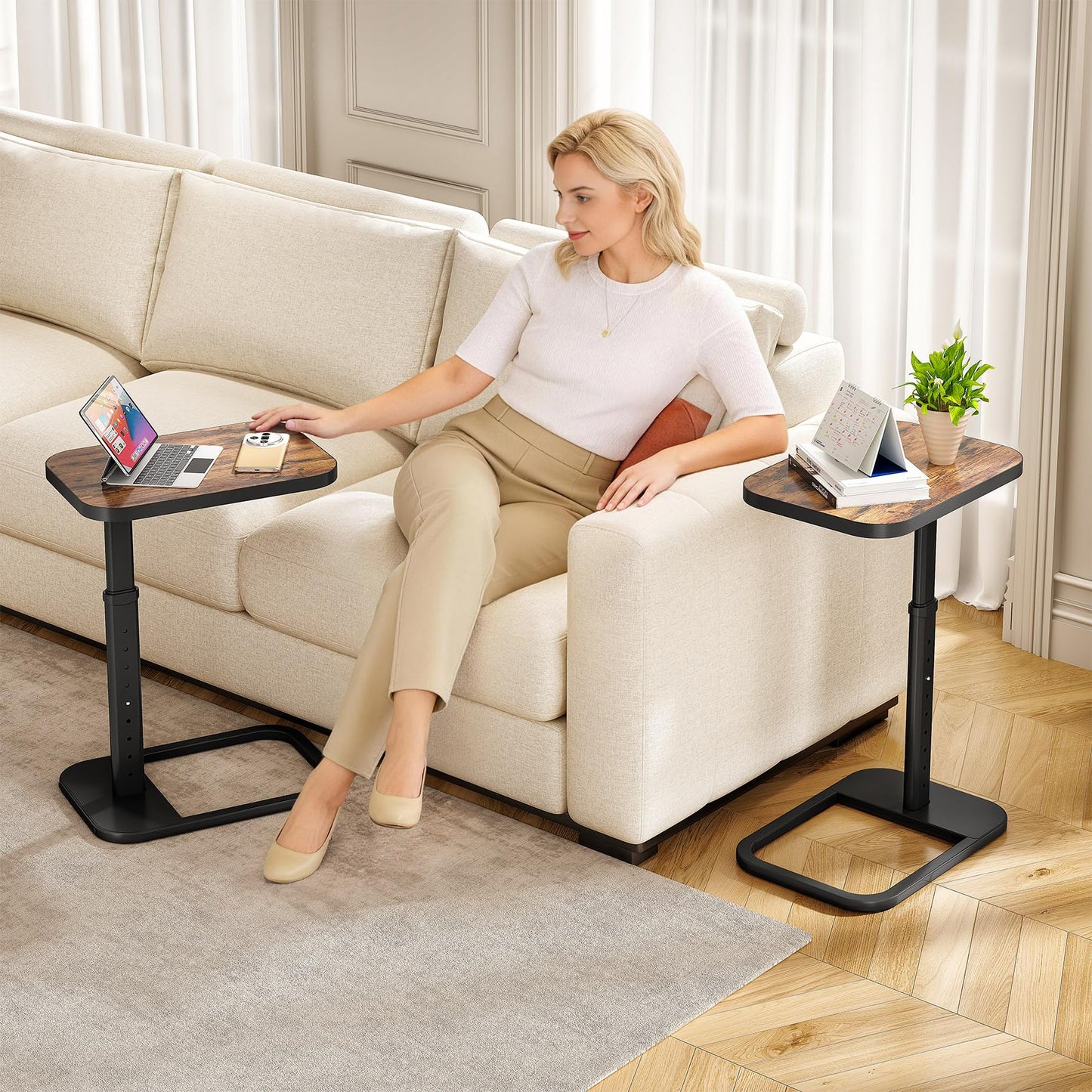 Kitstorack Adjustable Height C-Shaped End Table, 9-Level Side Table with Metal Rounded Edge, Couch Table that Slides Under Sofa or Bed for Eating, Working, and Drinks, TV Tray for Small Spaces, Brown