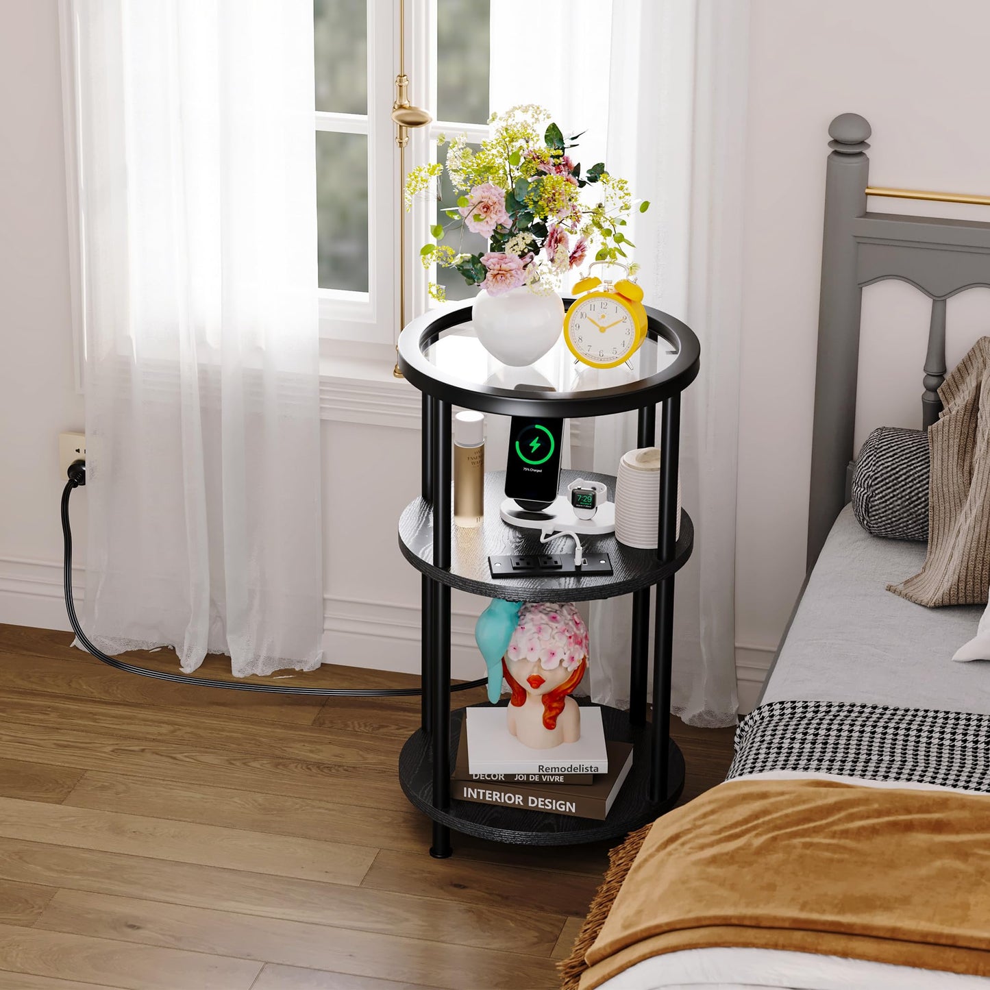 Homeiju Glass Side Table, 3-Tier Glass End Table with Adjustable Feet, Bedside Table for Small Space for Living Room, Balcony, Bedroom, Black, with USB Ports & Power Outlets