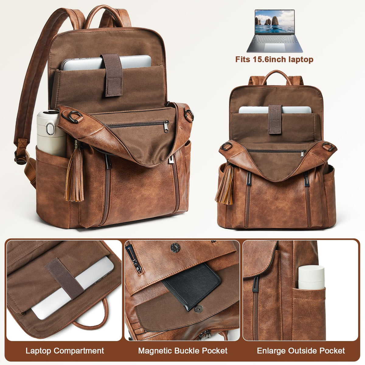 Shrrie Laptop Backpack for Women 15.6 inch,Travel Leather Backpack Purse Nurse Teacher Carry on Backpack Computer Bag,Professional Water-Resistant College Business Work Casual Daypack,Two-toned Brown