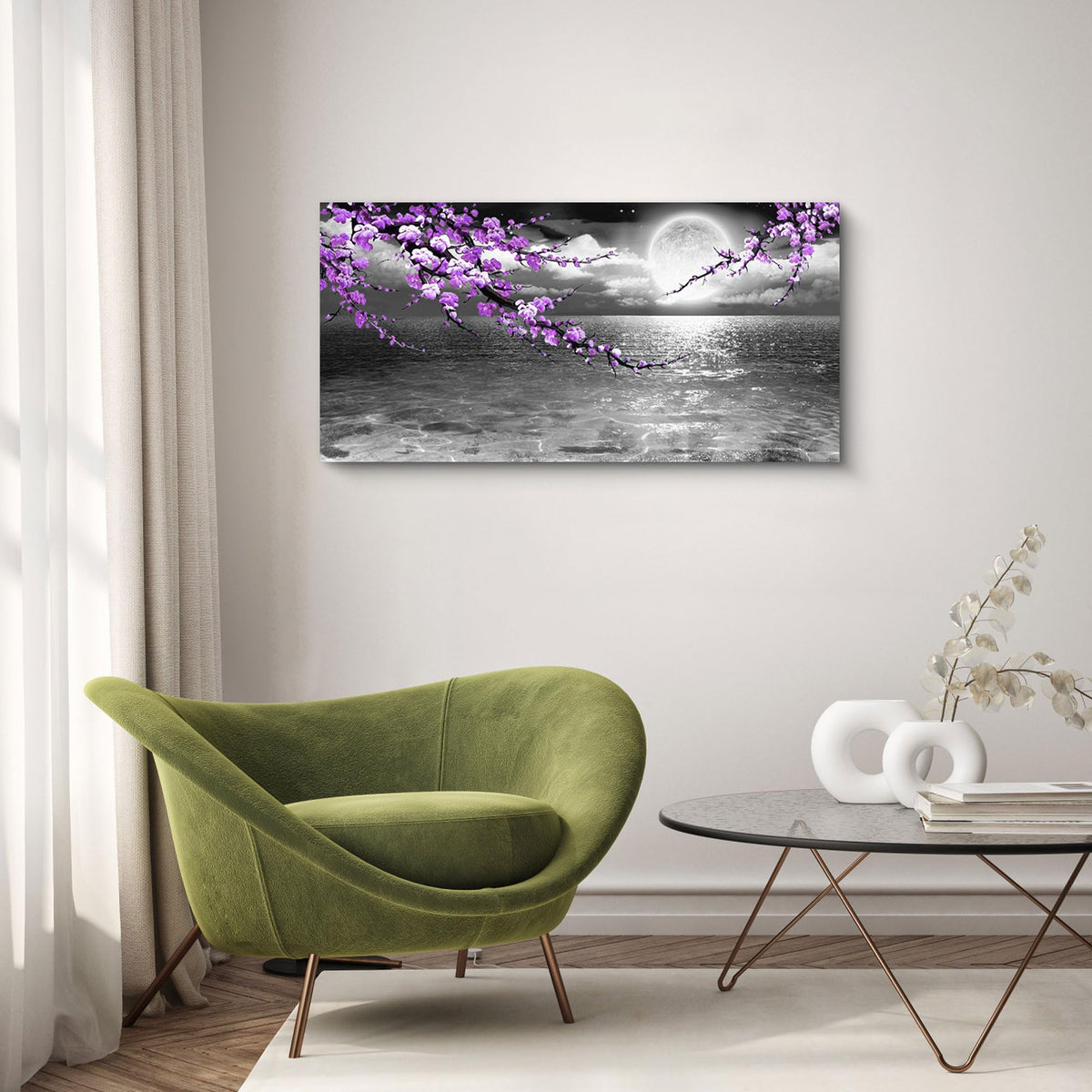 Large Purple Wall Art Decor for Living Room Bedroom Framed Black and White Seascape Full Moon Purple Flower Painting Canvas Picture Modern Hand-Painted Plum Blossom Artwork for Home Office