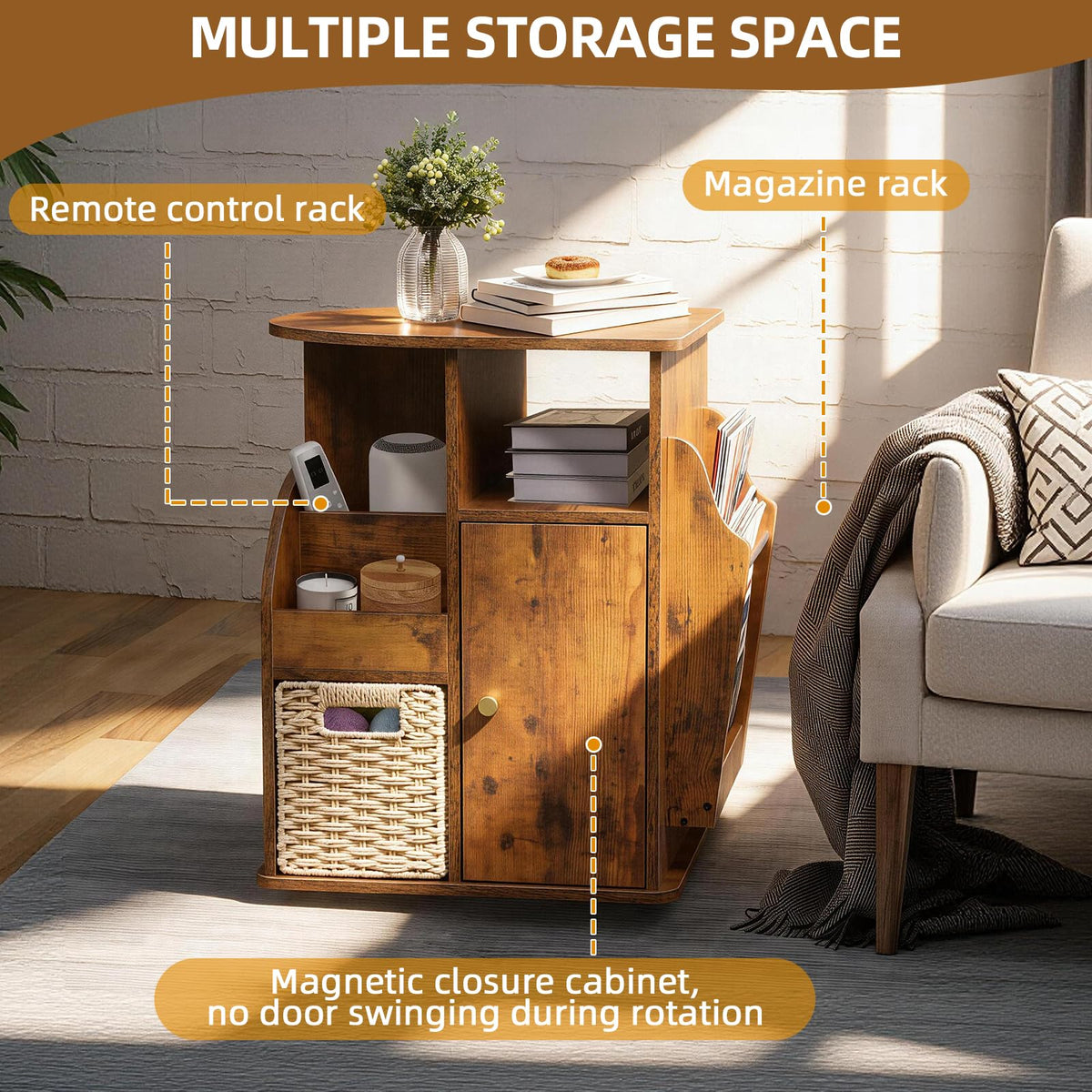 TooCust Rotating End Table with Storage, Swivel Side Table Living Room, Side Table with Magazine Holder, Basket and Cabinet, Sofa Side Farmhouse End Tables with Open Shelf (Rustic Brown)
