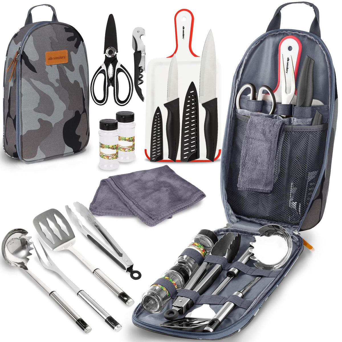12 Piece Camp Kitchen Cooking Utensil Set Travel Organizer Grill Accessories Portable Compact Gear for Backpacking BBQ Camping Hiking Travel Cookware Kit Water Resistant Case (Grey)