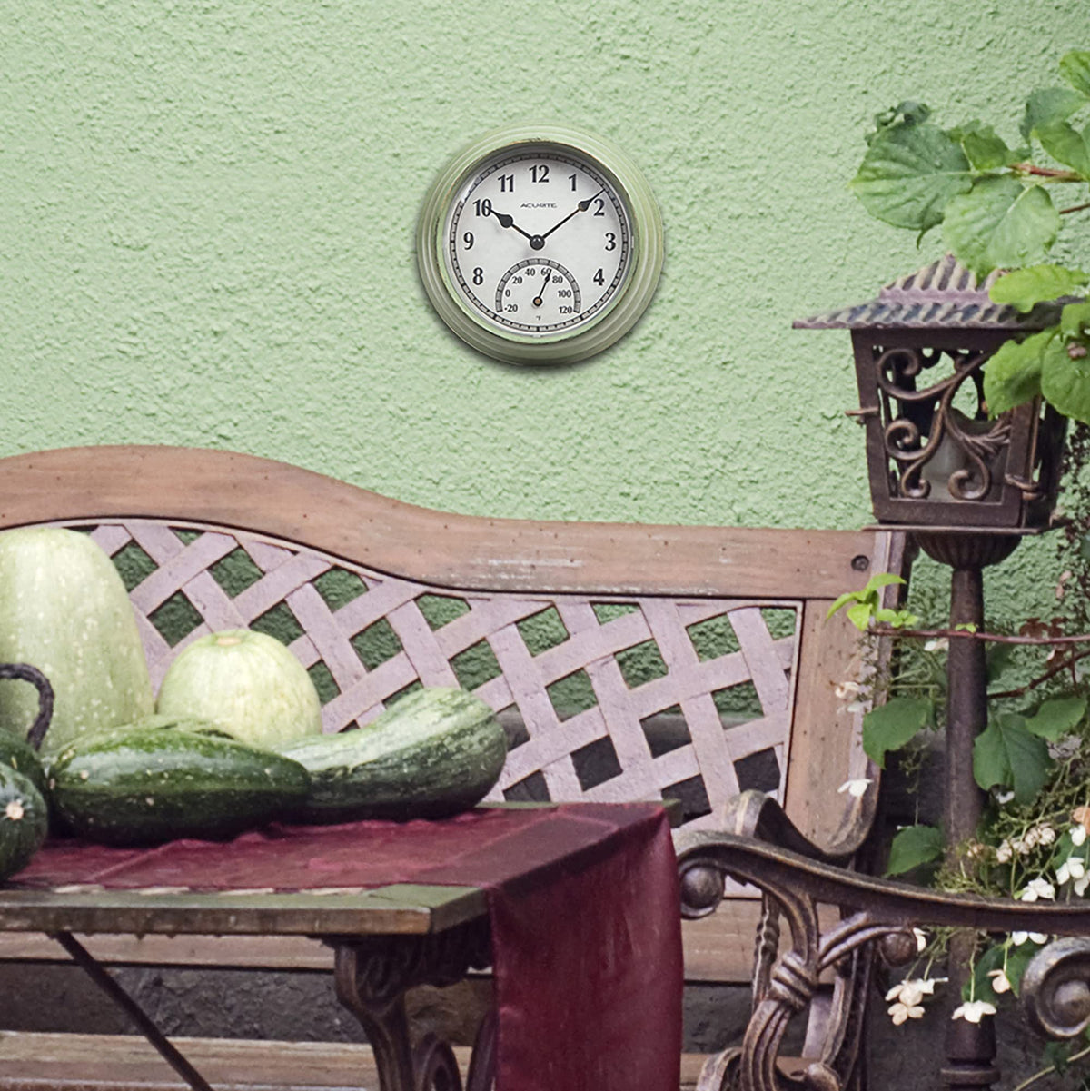 AcuRite 02470 Rustic Green Outdoor Clock with Thermometer, 8.5"