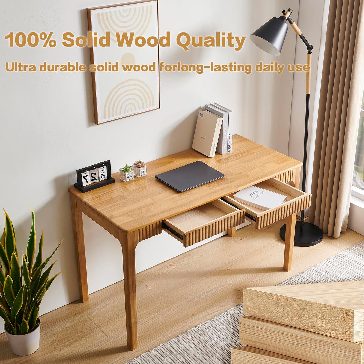 JTYP Solid Wood Desk with Drawers, Light Wood Desk for Small Spaces, Small Writing Desk for Bedroom, Gaming Study Home Office Wooden Desks for Work, 47 inch Wood Computer Desk