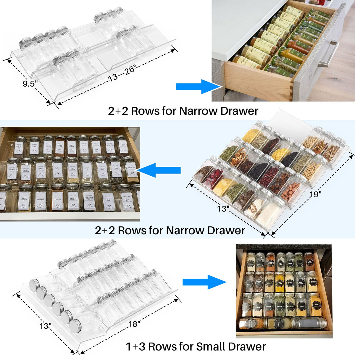 Antimbee Spice Drawer Organizer, 4 Tier- 8 Pack Kitchen Spice Rack Tray for Drawer, Expandable From 13" to 26" Acrylic Seasoning Organizer Rack Holds up 56 Spice Jars (Jars not Include)