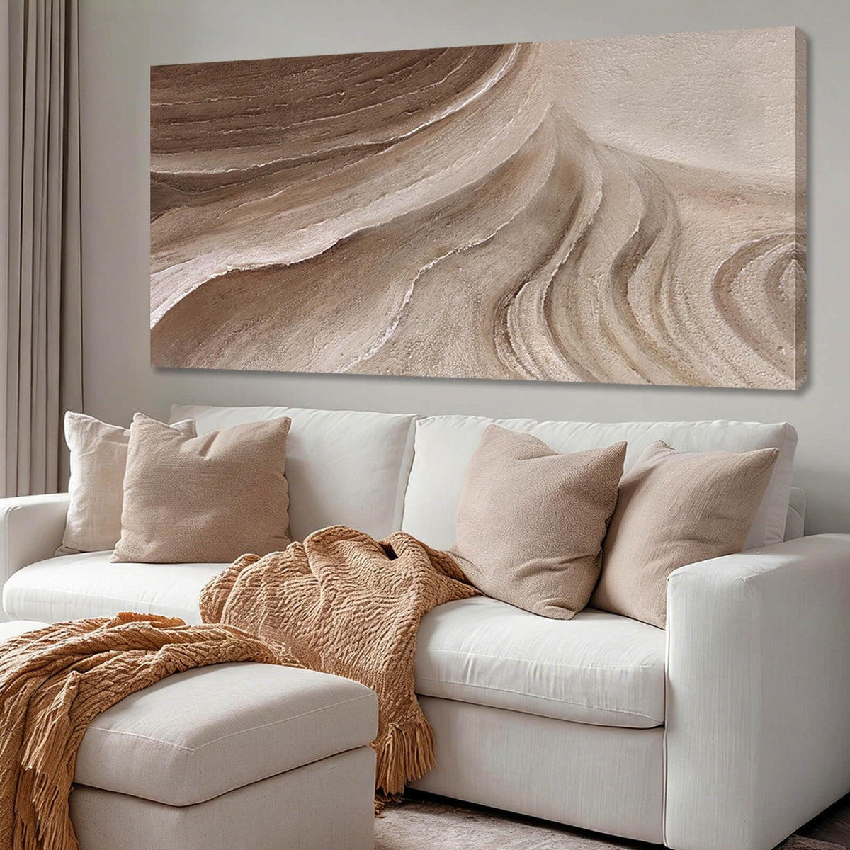 MLART99 Modern Abstract Beige and Brown Canvas Wall Art Textured Minimalist Line Painting Wave-Inspired Artwork for Living Room Bedroom Office Home Decor 24x48 Inch