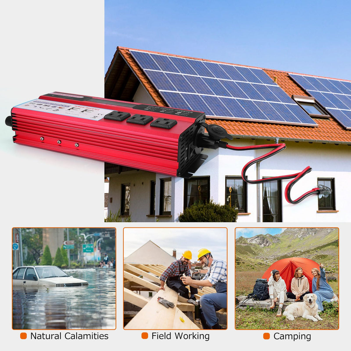 2000 watt Solar Power Inverter, Solar Power Inverter 12V DC to 110V-120V AC Converter with 3 AC Outlets 2 USB Charging Port, LCD Display for Off-Grid Solar Power System, RV, Truck, Home