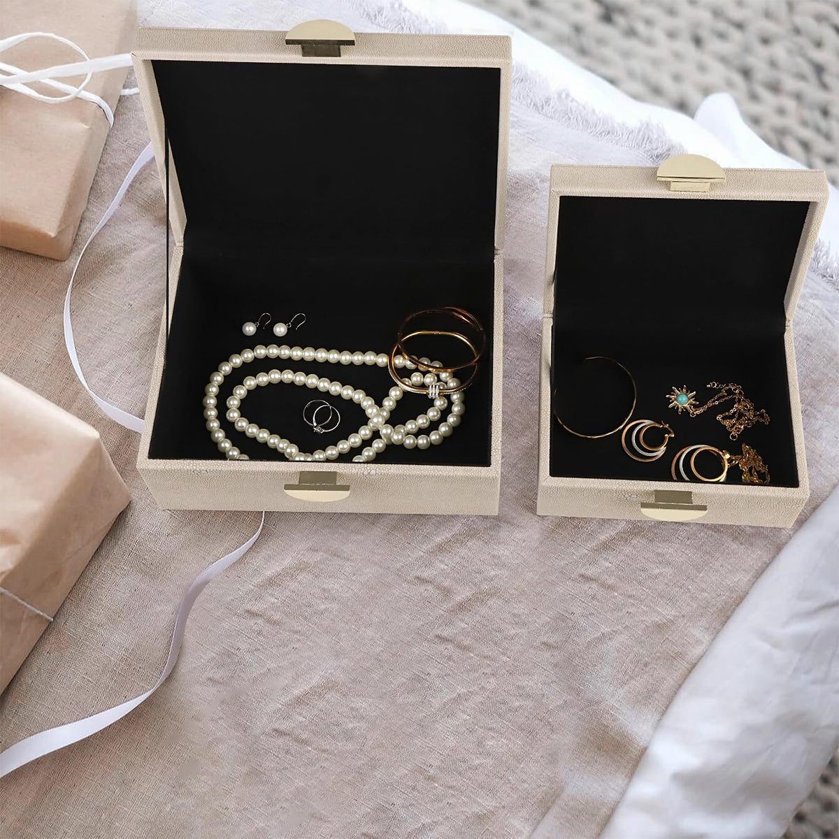 HofferRuffer Faux Leather Jewelry Boxes, Decorative Boxes Storage Accessory Organizer with Gold Hardware Decor, Classic Vegan Leather Set of 2 Pieces (Light Grey)
