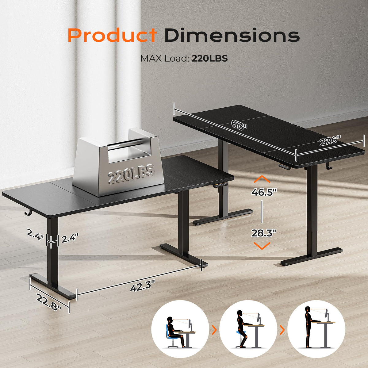 Huuger 63 x 28 Large Electric Standing Desk, Height Adjustable Computer Desk, 27.6" Deep Desktop, Stand up Gaming Office Table with 2 Hooks, 3 Preset Heights, for Home Office, Black