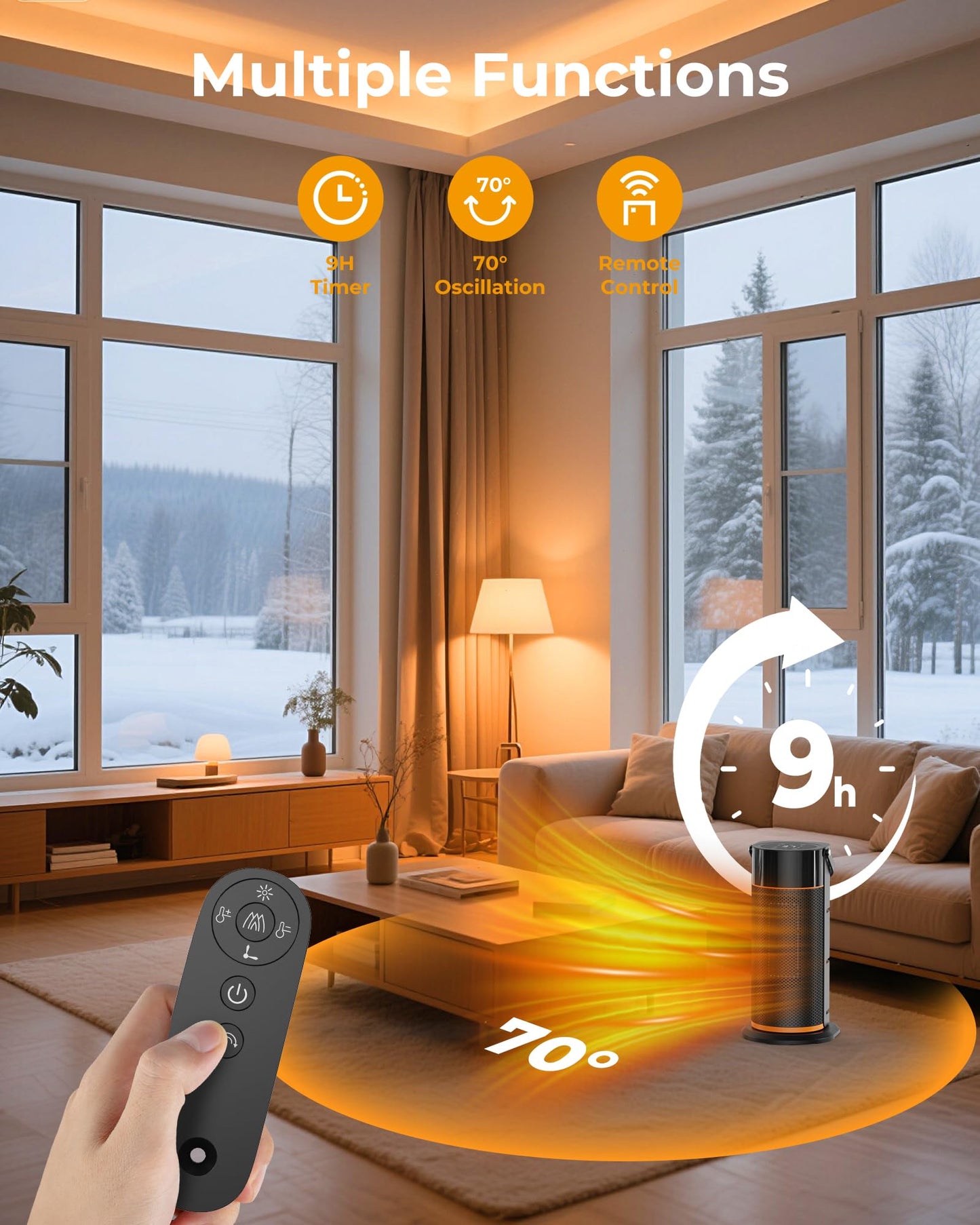 HiLUNDA Portable Electric Space Heater - 1500W PTC Ceramic Fast Safety Heat Heaters with Remote, Timer, 70° Swing, LED Display and Child Lock for Office Bedroom Home Indoor Use