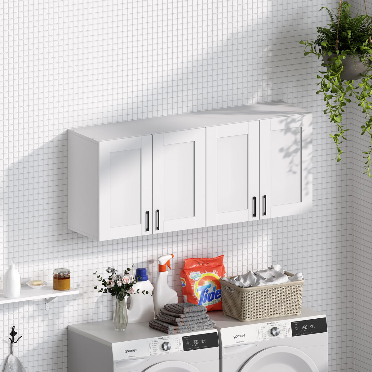 White Laundry Room Cabinets and Storage with 4 Doors and Utility Adjustable Shelf，Gabinetes Para Cocina Cupboard Kitchen Organizers and Storage Pantry Wall Mounted 12.4"D x 47.2"W x 19.7"H