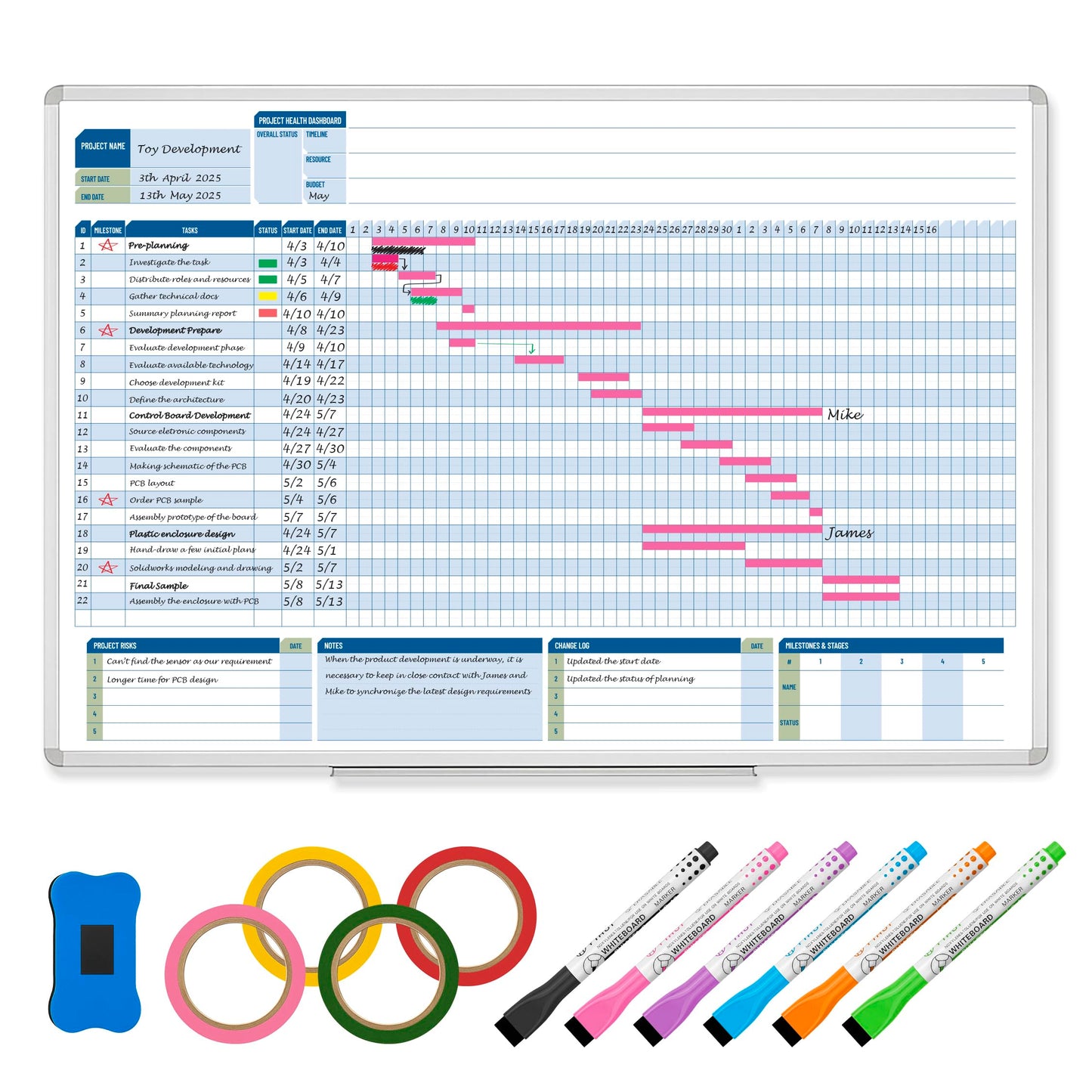 Business Gantt Chart Board – 40"x24" Professional Project Management Whiteboard with Tapes & Markers