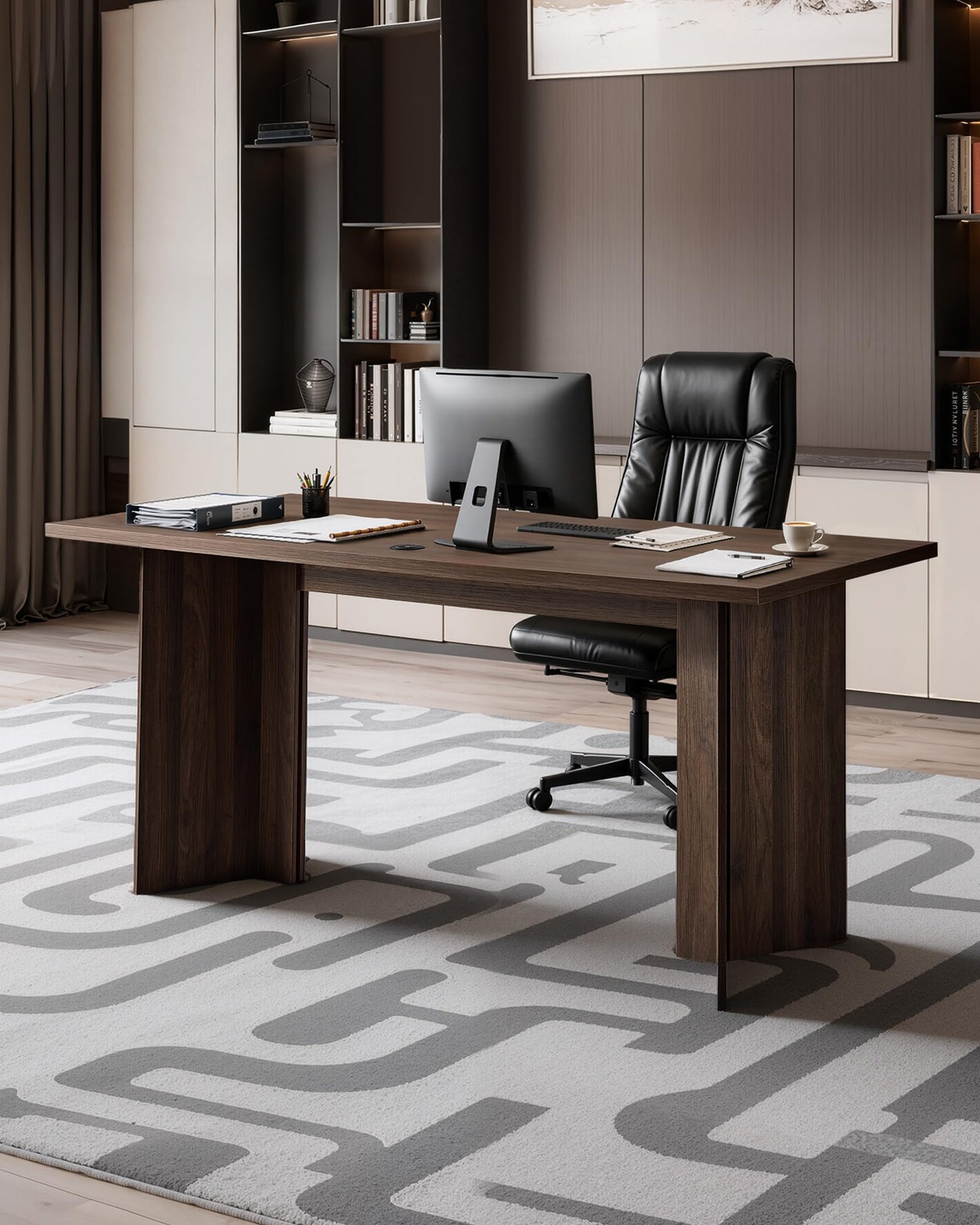 VEVOR 63 in Executive Desk, Large Modern Rectangle Office Table, Heavy Duty Wooden Executive Table with Cable Connection Hole, 250 LBS Load Capacity, Easy Assembly, for Work Study Writing, Walnut