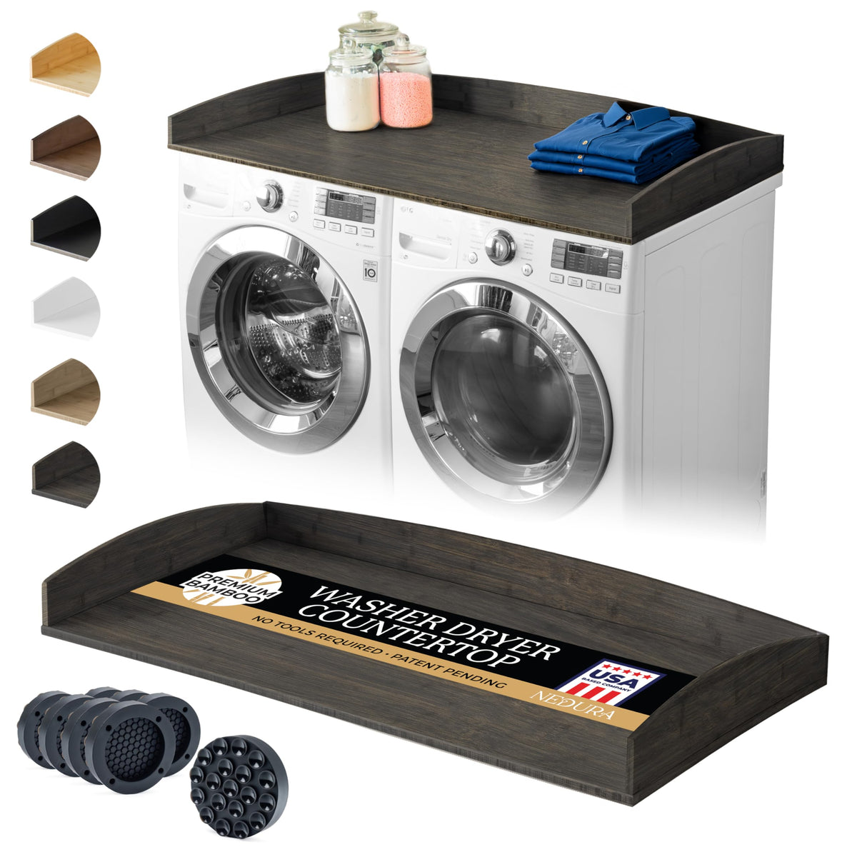 Nedura Washer Dryer Countertop w/Anti-Vibration Pads & Curved Edge Rails, Premium Bamboo Laundry Countertop, Washer Dryer Topper, Laundry Room Organization, Laundry Room Accessory - Espresso