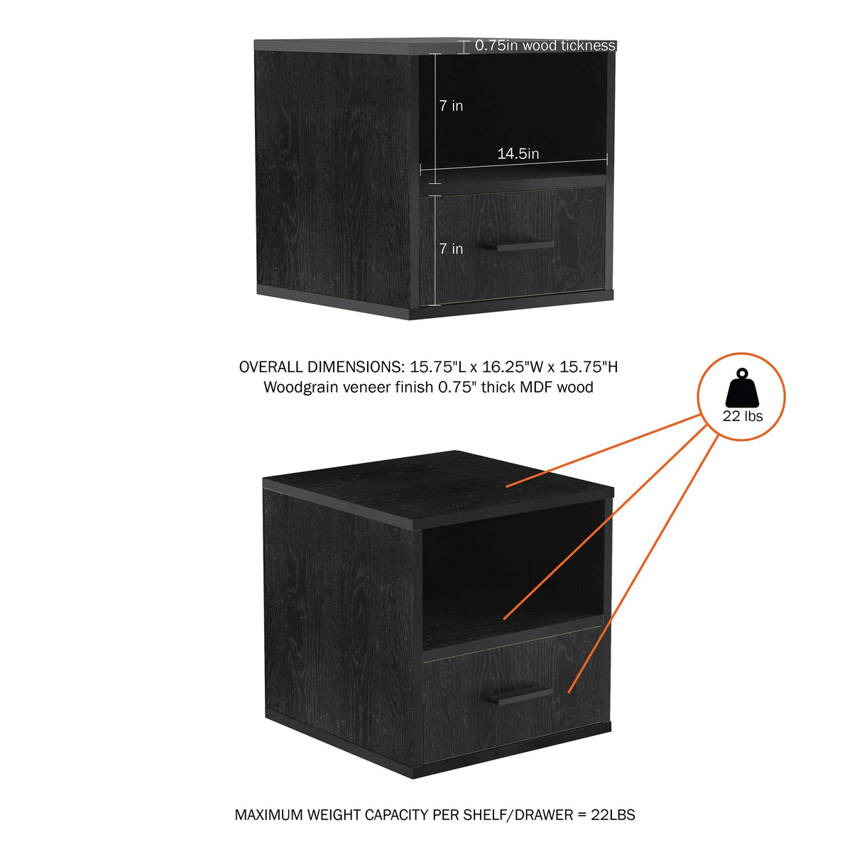 Lavish Home End Stackable Contemporary Minimalist Modular Cube Accent Table with Drawer for Bedroom, Living Room or Office, 16.25 x 15.75 x 15.75 in, Black