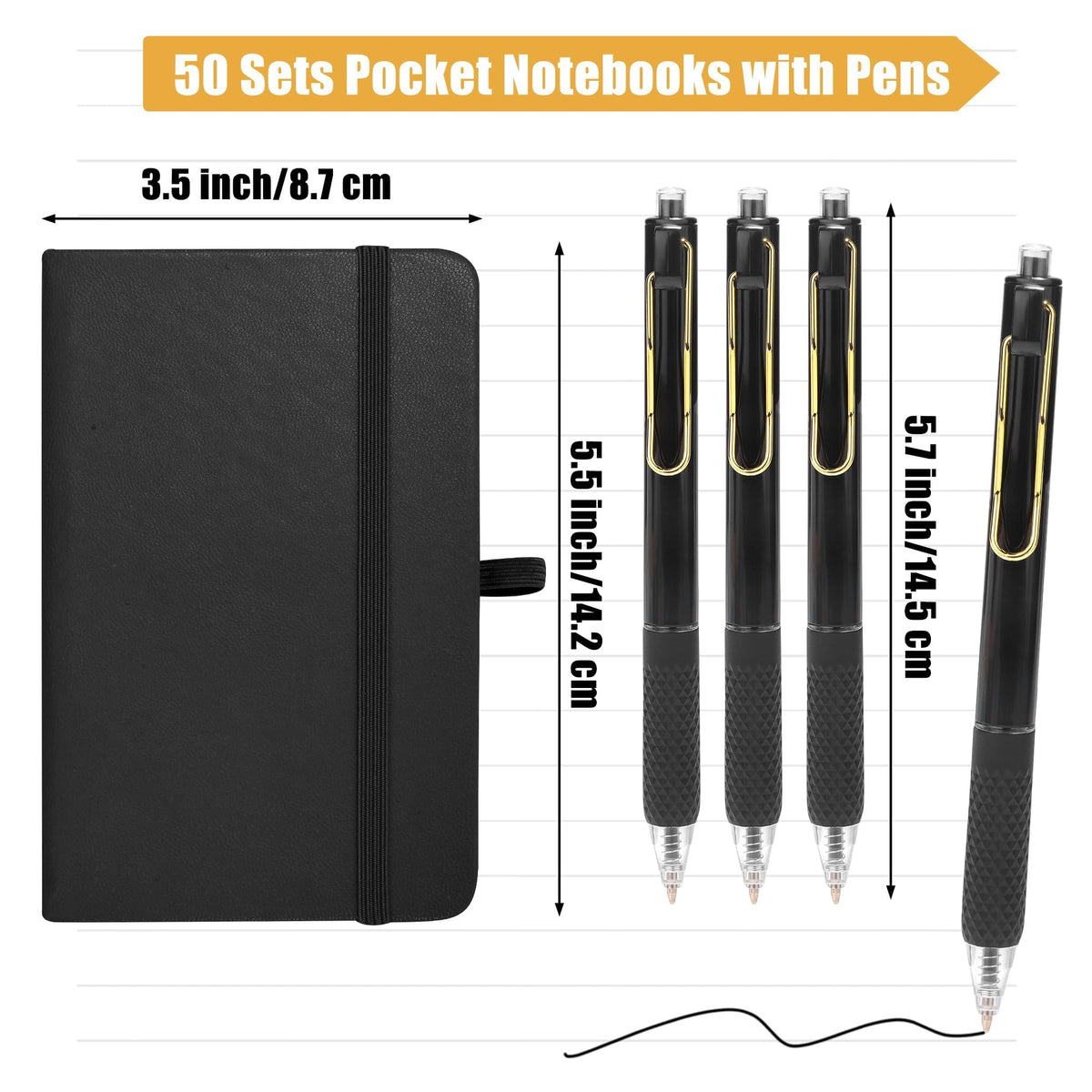 Aodaer 50 Sets Graduation Gifts Pocket Notebook Journal with Pens, 160 Page, 3.5 x 5.5 Inch Mini Lined Journal Notebook A6 Leather Hardcover Notepad with Pen Holder for School Office, Black and Gold