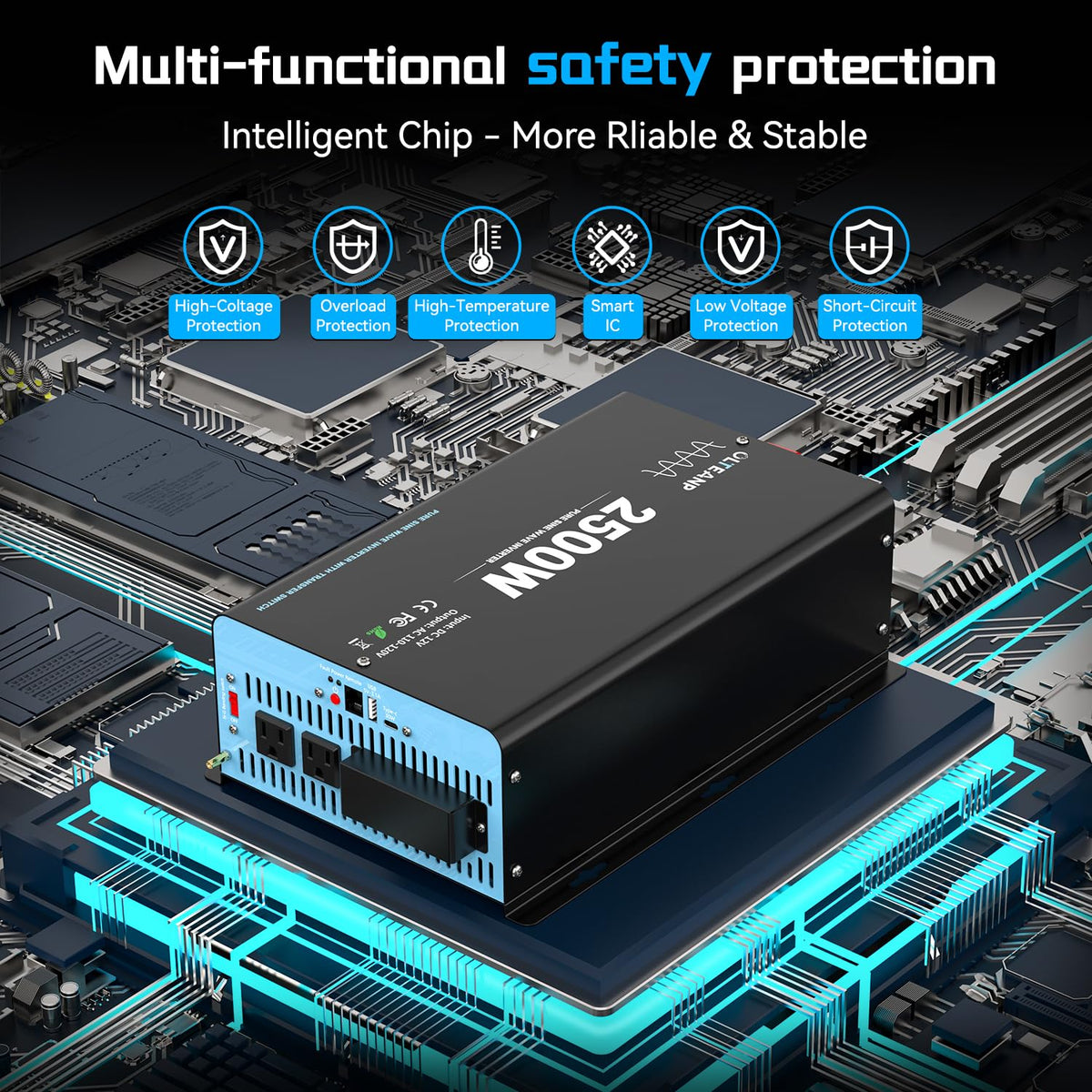 2500W Pure Sine Wave Power Inverter with Transfer Switch, 12V DC to 120V AC Converter, Auto Switch to Shore Power, 5000W Peak, Remote LCD Controller, USB & Type-C for RV, Truck, Off-Grid Use