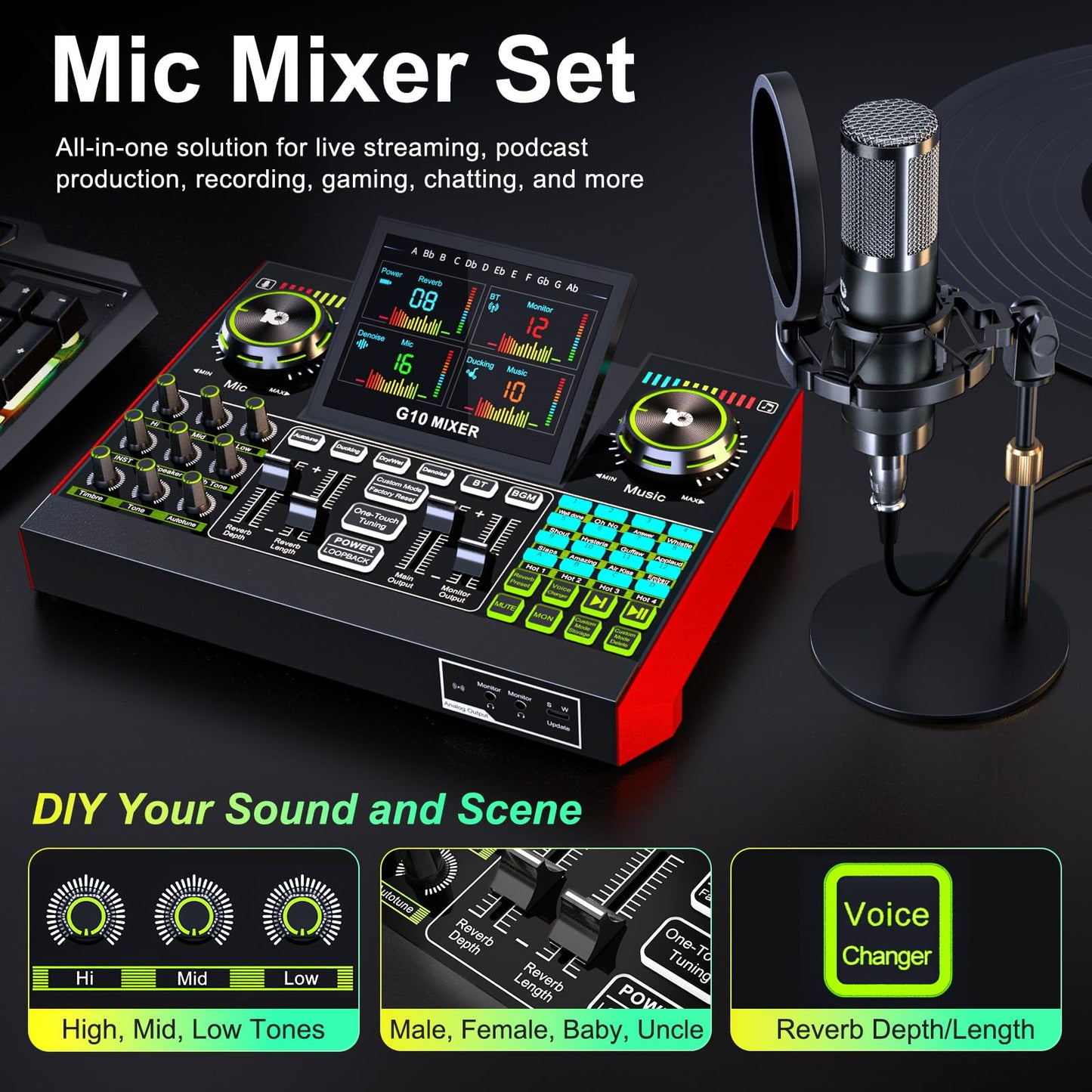 neculogy G10 Podcast Equipment Bundled with Audio Mixer Integrated Podcast Production Studio, Equipped with P15 Microphone, Used for Live Streaming, Podcast Recording PC,YouTube Recording