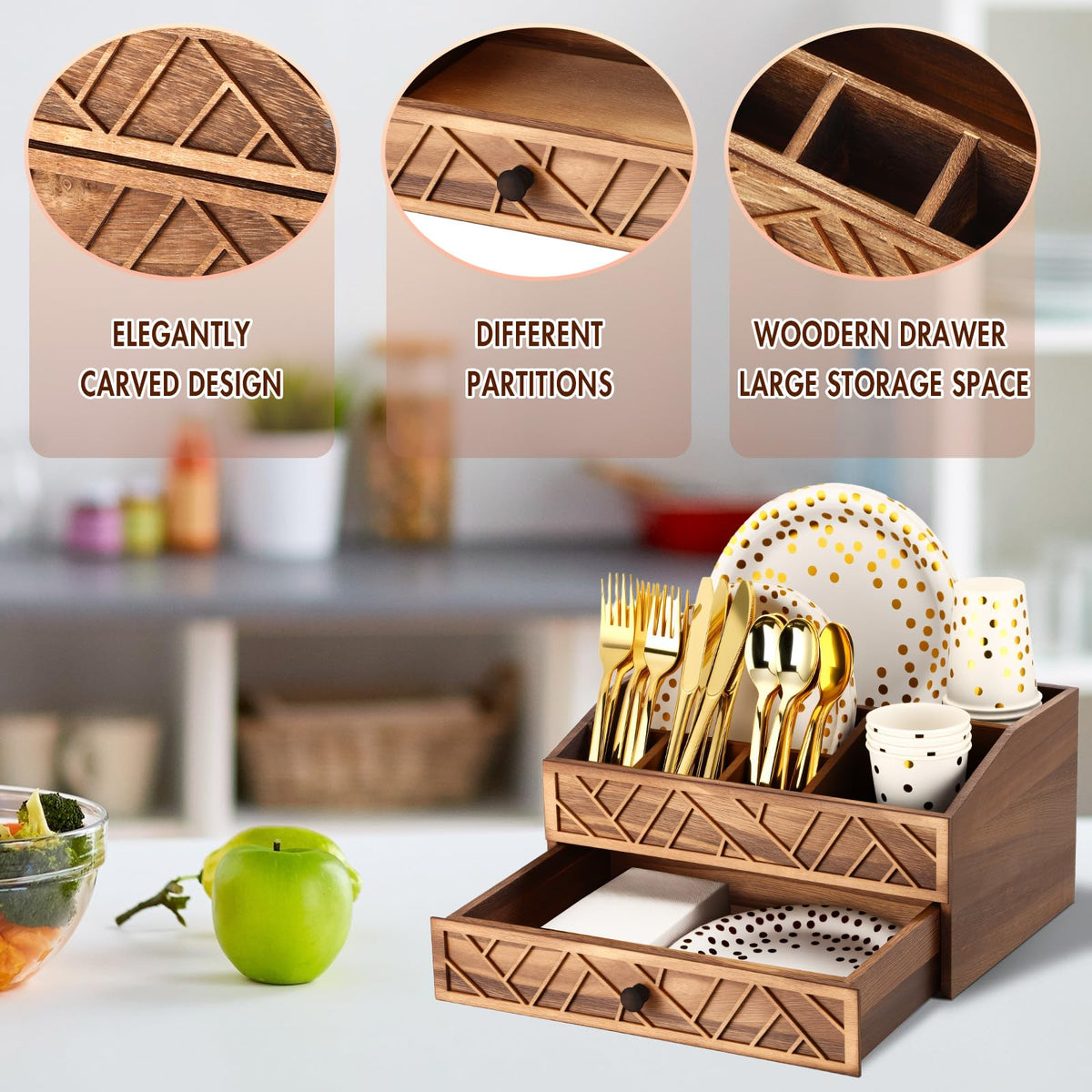 Marsui Paper Plate Dispenser, Wood Rustic Paper Plate Holder for Countertop with Drawer Silverware Utensil Caddy, Cutlery Flatware Organizer for Spoon Fork Napkins Kitchen Parties(Wood-burned Brown)