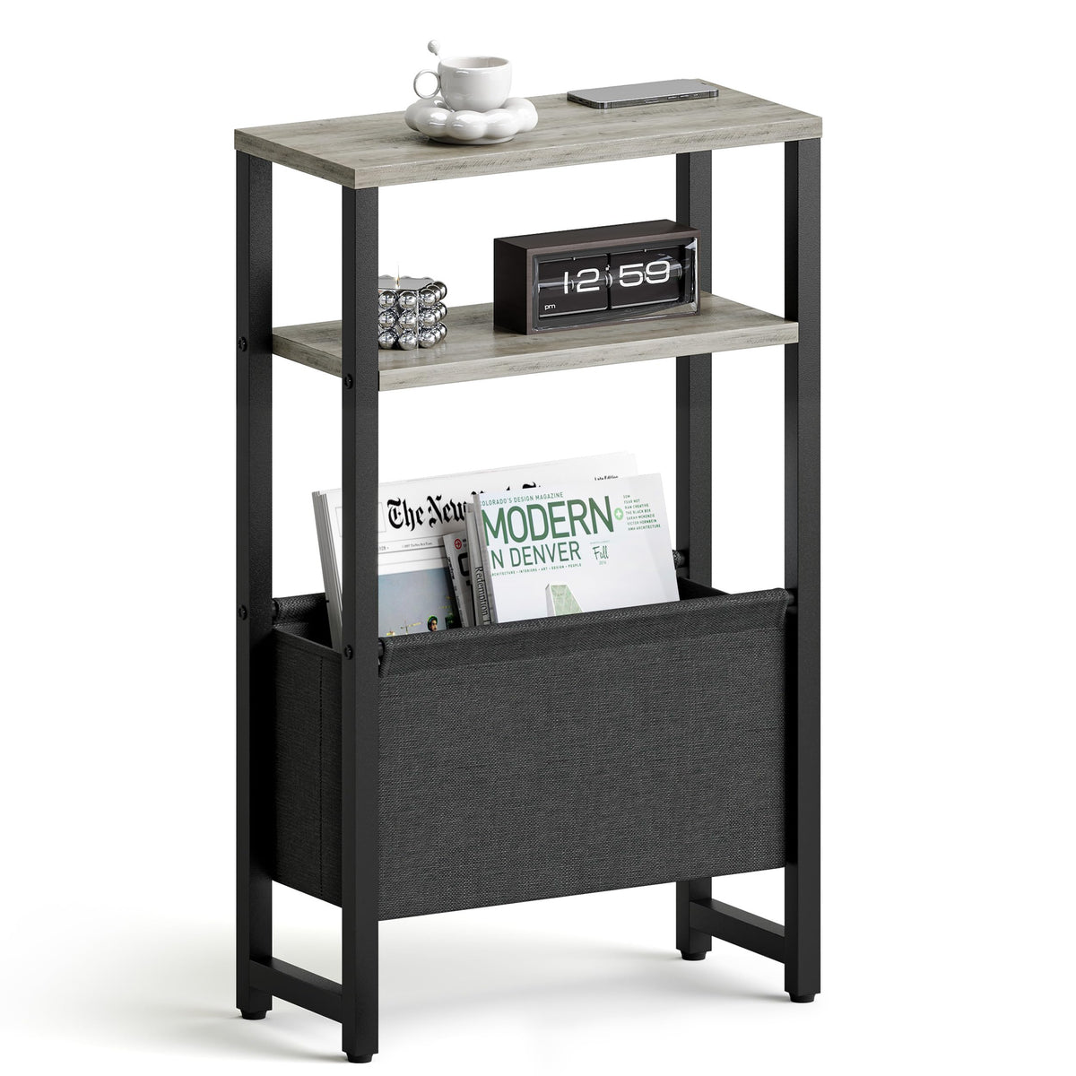 IRCPEN Narrow Side Table with Charging Station Slim End Table Sofa with Magazine Rack, Bedside Table for Small Spaces, 3 Tier Nightstand for Living Room Couch, Bedroom Oak Grey LET503QE