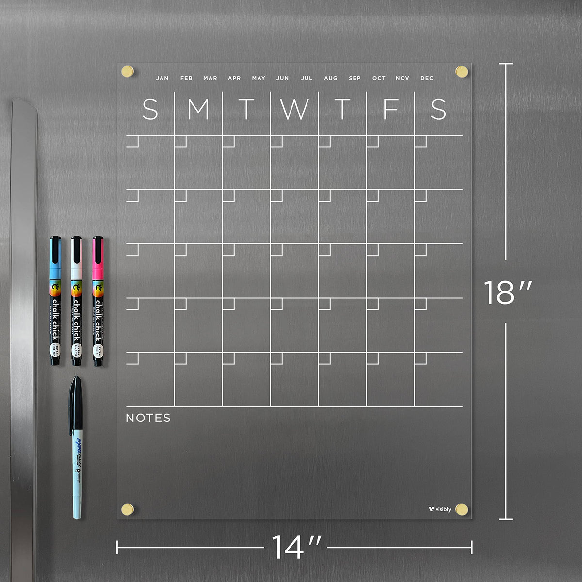 Visibly Magnetic Acrylic Month & Notes Calendar for Fridge, 14” x 18” Clear Refrigerator Planning Board, Includes 4 Magnetic Wet-Erase Markers, Gold Corner Magnets