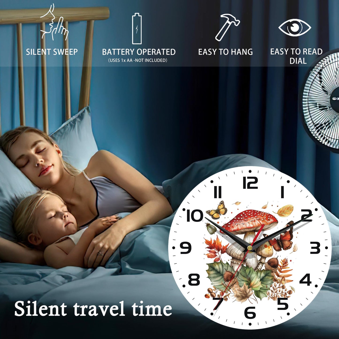 ENUIEO Wall Clock, 10 Inch Silent Non-Ticking Home Kitchen Decor, Battery Operated for Bathroom Bedroom Living Room Office(Mushroom Butterfly)