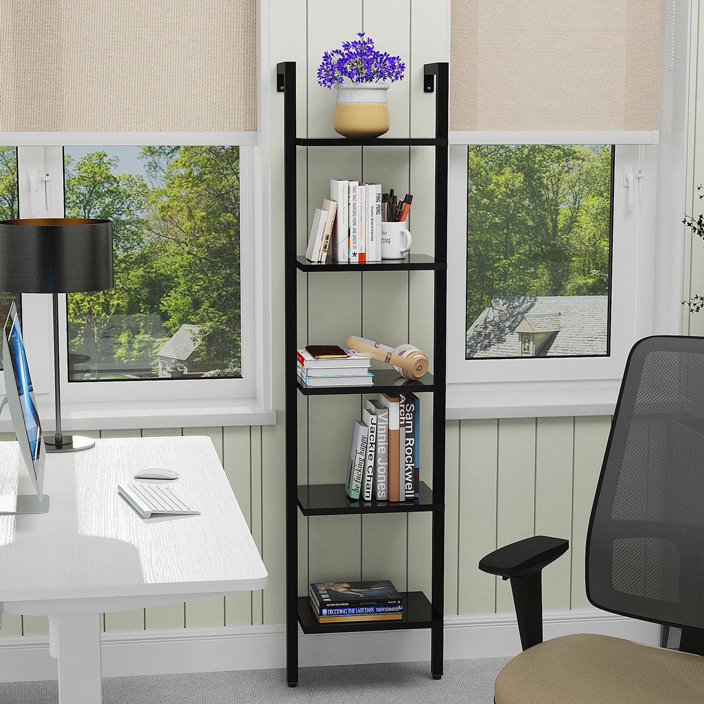 YMYNY 5 Tiers Narrow Ladder Bookcase, Industrial Wall Mounted Bookshelf, Open Display Rack with Metal Frame, Wooden Storage Shelves for Bedroom, Home Office, Living Room, Black, 70*17.3*11.8"UHBC015B