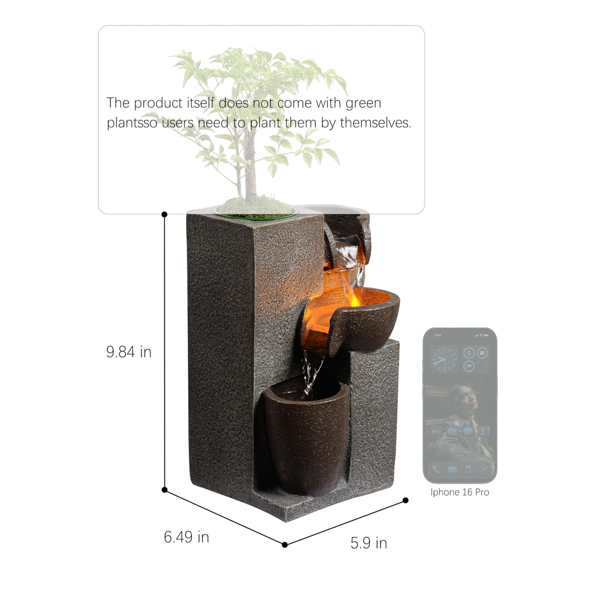 Mseonwxi Resin Tabletop Waterfall Fountain with LED Light & Plant Pot, Indoor Desk Water Fountains for Home Office Decor (22028N)