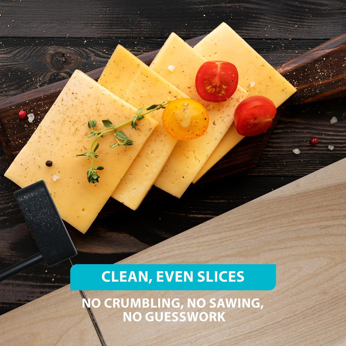 SlidingSusan Cheese Cutting Board - 11” Maple Wood with Black Stainless Steel Slicer - Charcuterie Block for Hard & Soft Cheeses, Butter, Meat – Heavy Duty Handheld Kitchen Tool