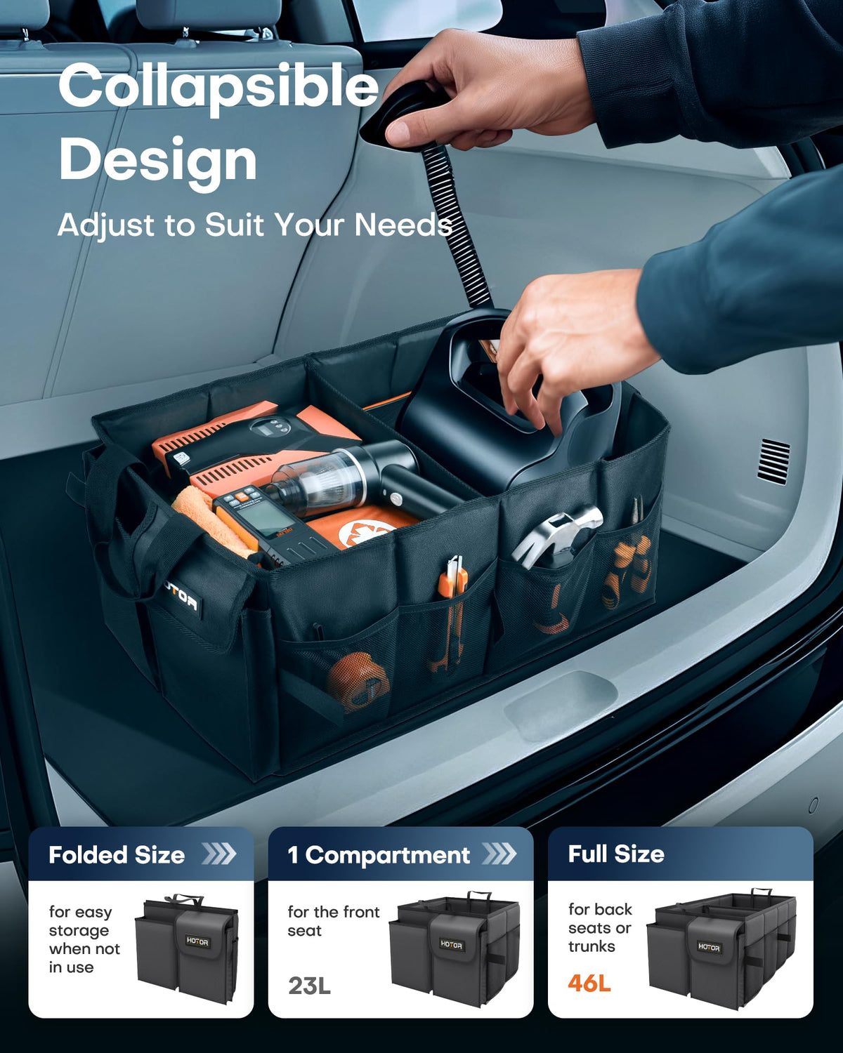 HOTOR Trunk Organizer - Car Organizer, Foldable Trunk organizer for SUVs & Sedans, Sturdy Car Organization for Car Accessories, Tools, Sundries, Black, 2 Compartments, 21.3"×12.6"×10.6"