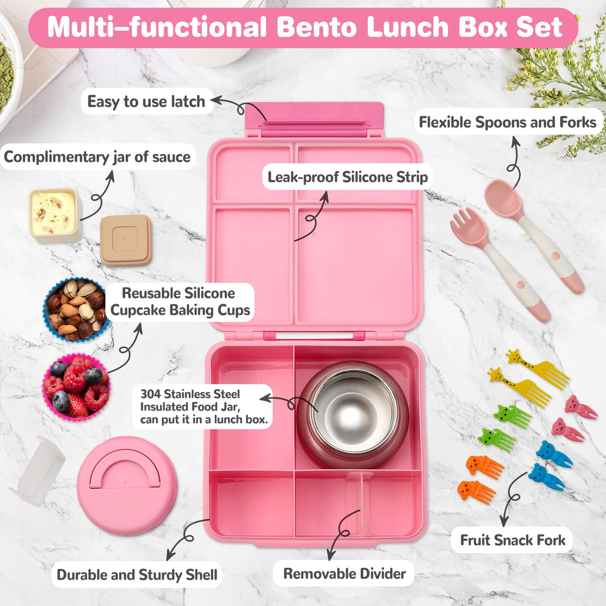Bento Lunch Box with 9.5 oz Soup Thermo, Kids Leakproof 4 Compartments Bento Box with Silicone Cupcake,Fruit Fork,Spoon and Sauce Cup,Insulated Food Jar for School Travel-Pink