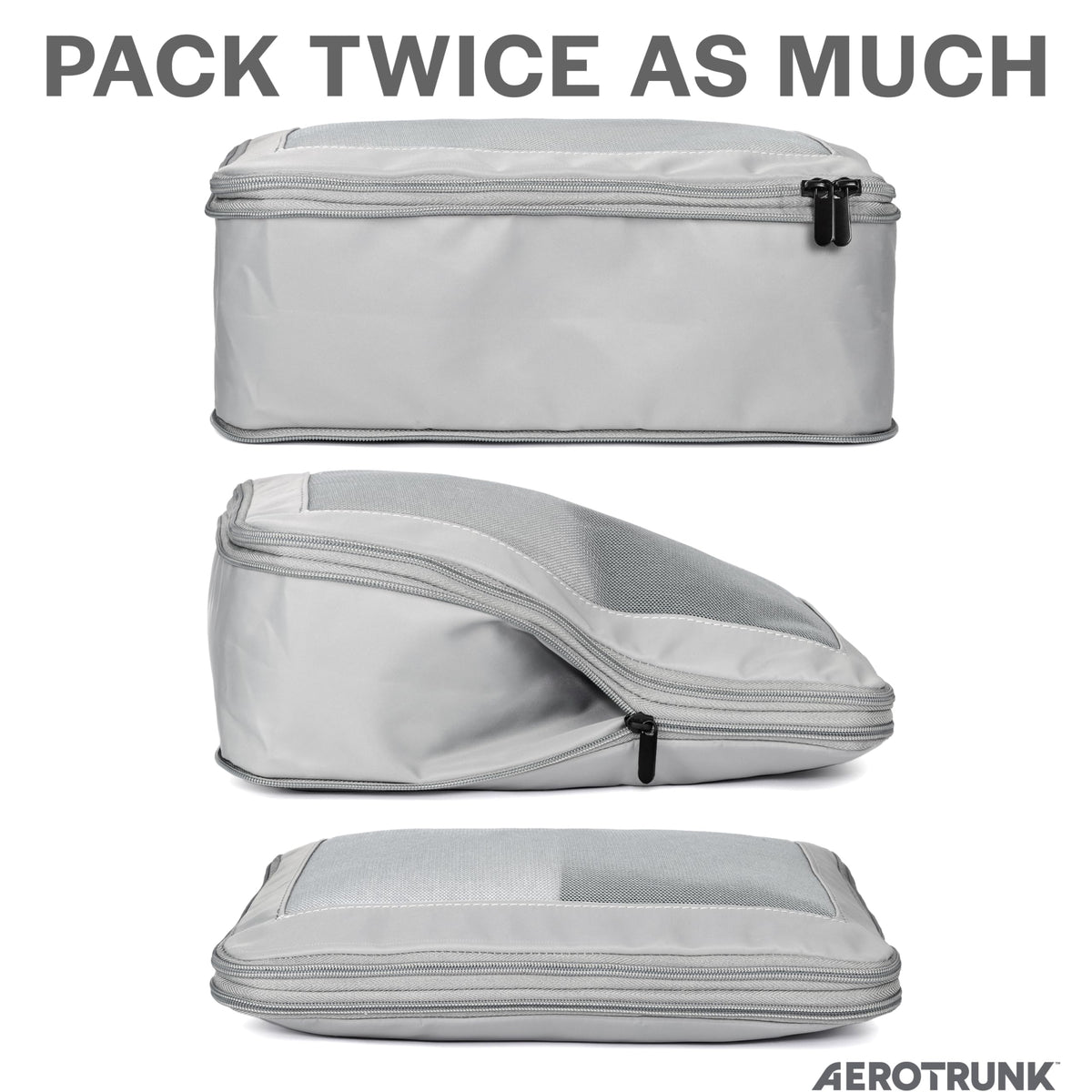 Aerotrunk Compression Packing Cubes for Travel - Luggage Organizer Bags - Double Zipper Packing Cubes for Suitcases (4-Pack, Light Grey)