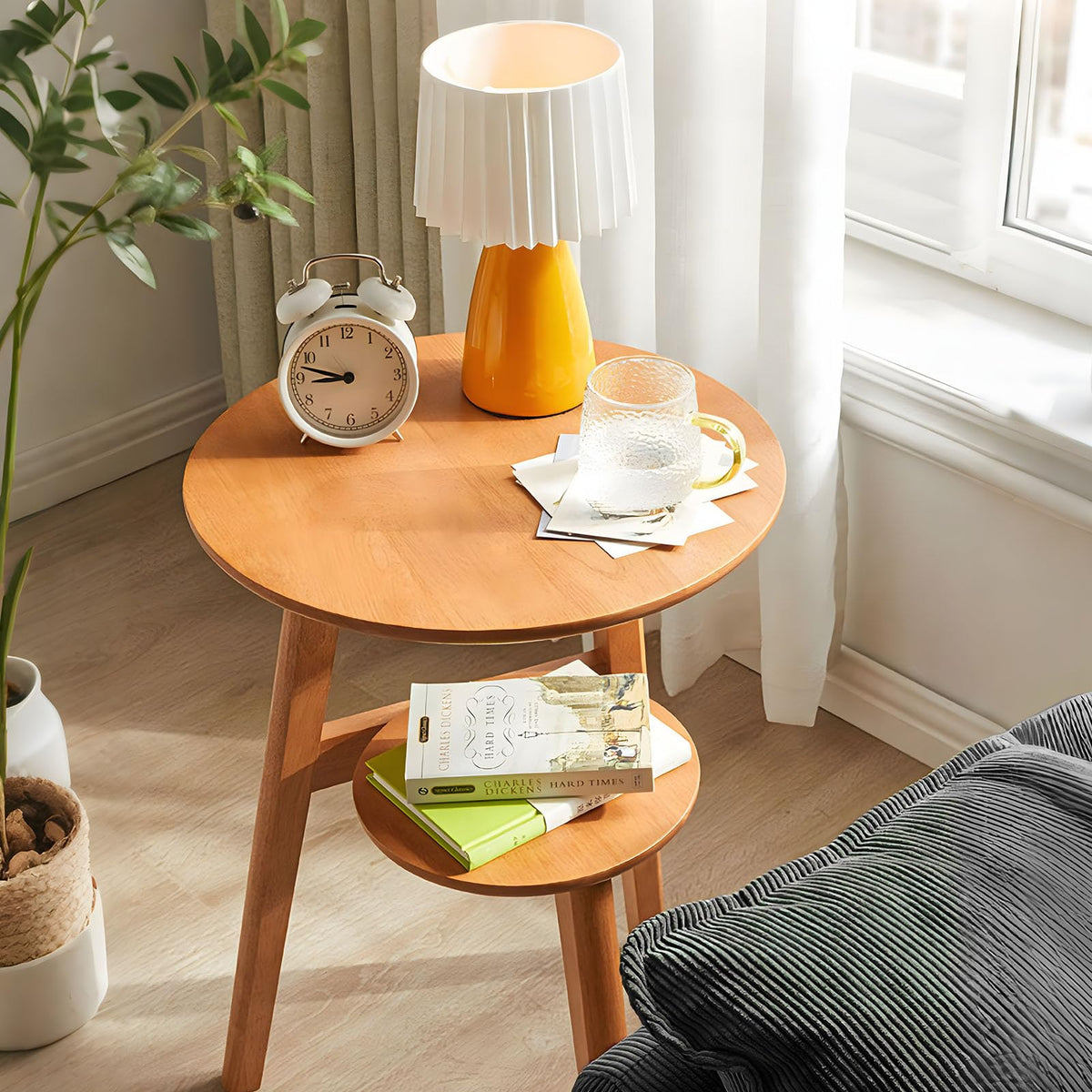Towood Lifee Side Table, Small Round End Table with 2-Tier Shelf, Solid Wood Nightstand for Small Spaces, Mid Century Modern Accent Table for Living Room Bedroom, Natural