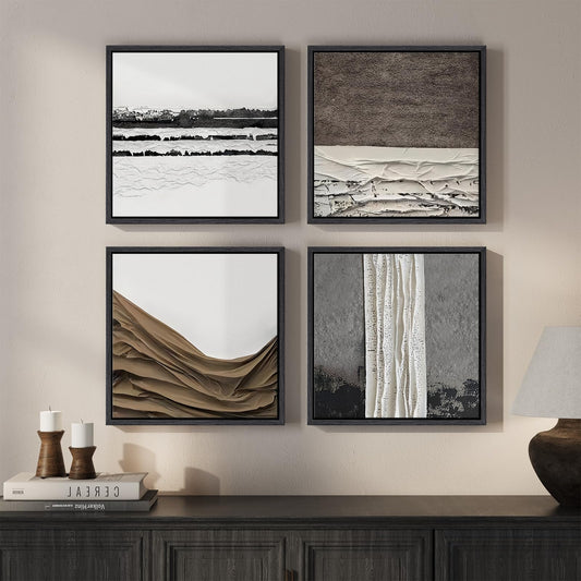Framed Abstract Neutral Wall Art Set of 4, Modern Brown White Gray Canvas Prints Artwork for Walls, Contemporary Minimalist Earth Tone Square Wall Art for Living Room Bedroom Office Decor, 12x12 Inch