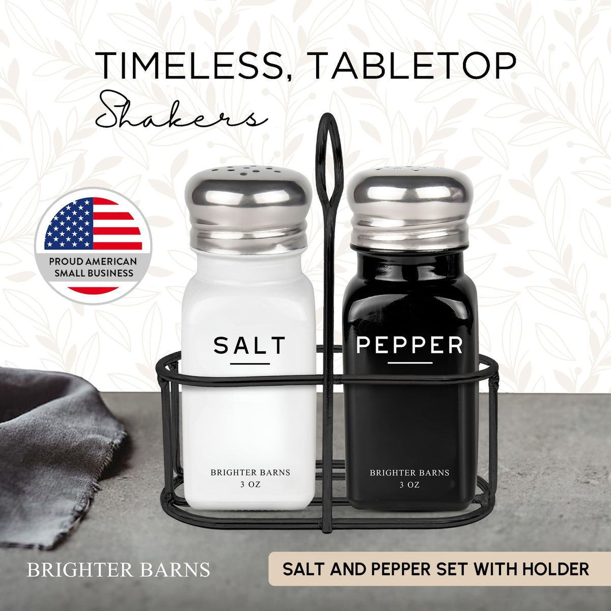 Farmhouse Salt and Pepper Shakers Set with Holder by Brighter Barns - Modern Kitchen Decor and Accessories, Dining Table Decor - Cute Glass Salt Shaker with Caddy for Restaurants, Gifts (Black/White)