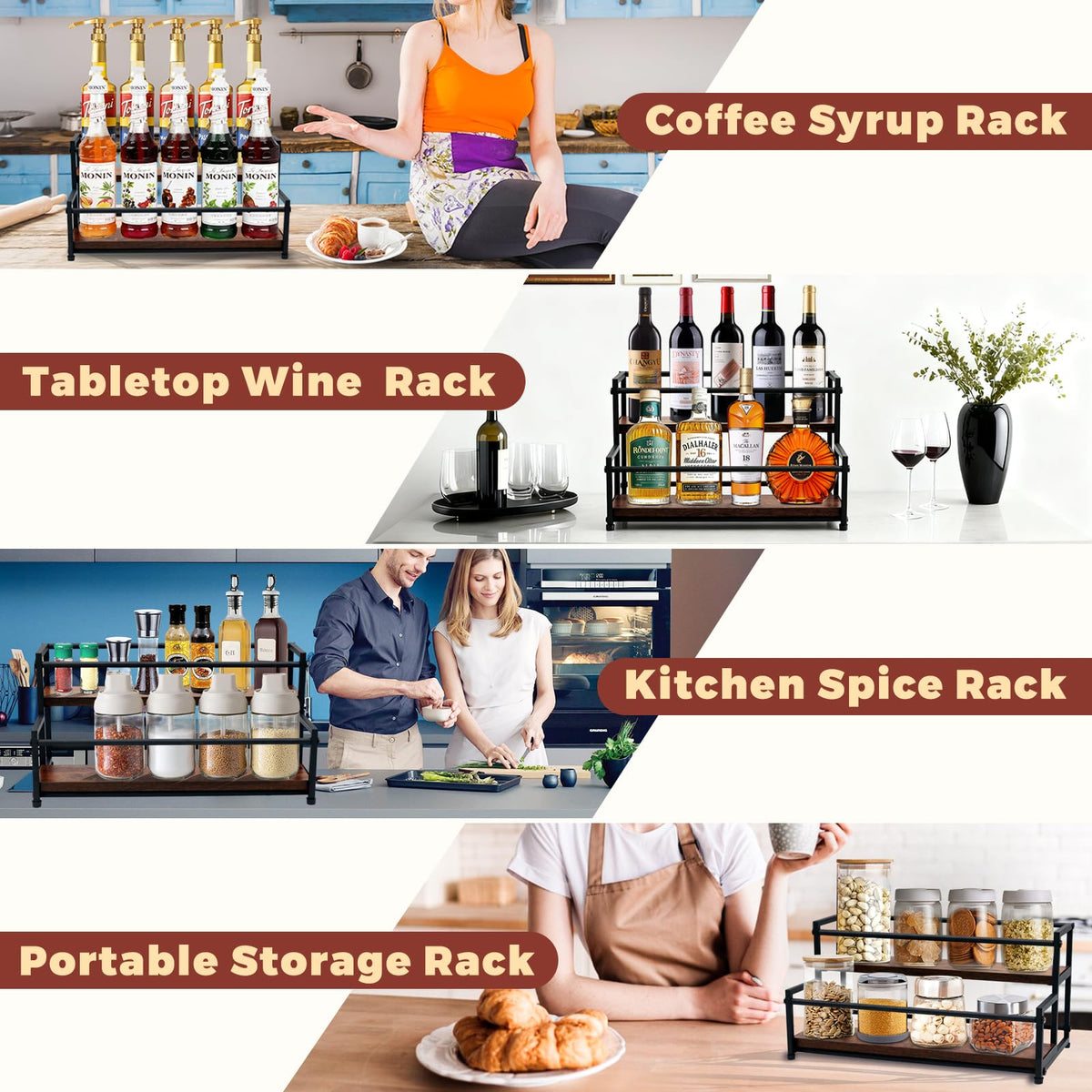 HRUSGO Coffee Syrup Rack Organizer - Metal Bottle Holder for 10 Bottles – Rustic Countertop Display Shelf for Coffee Bar, Kitchen Cabinet, Pantry Storage for Syrups, Liquor, Spice, Tea & Wine (2-Tier)