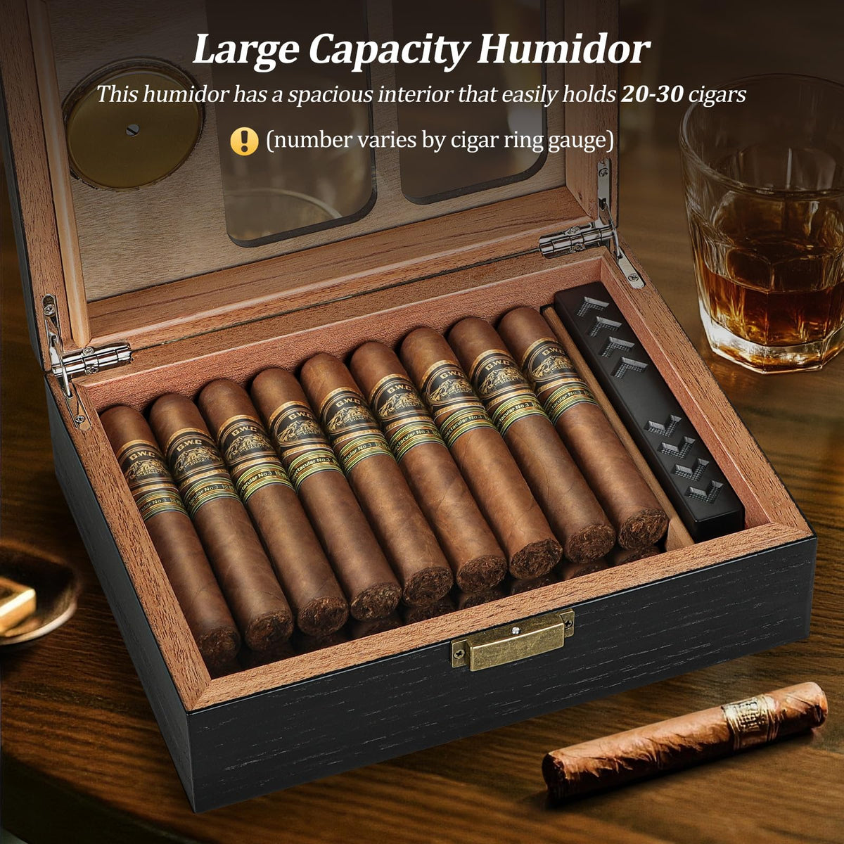 Usewire Cigar Humidor, Glass Top Cedar Cigar Case, Cigar Box for 20-30 Cigars with Hygrometer, Humidifier, Desktop Cigar Humidor, Cigar Lovers Gift (Black)