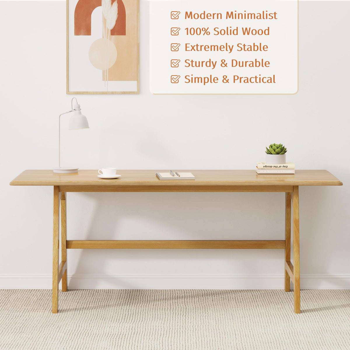 IOTXY Solid Wood Writing Table - 60" W x 24" D Minimalist Computer Desk for Home Office, Work, Study, Creativity, and PC Workstation, Oak