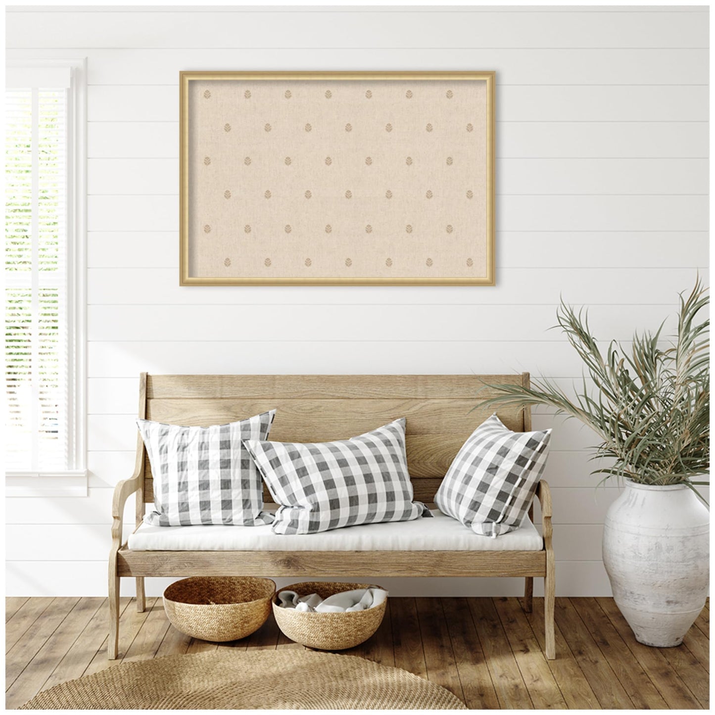 Kate and Laurel Framed Fabric Pinboard 38 x 26, Beige Botanical Block Print Printed Linen Classic Bulletin Board for Use as a Vision Board or Wall Organization, Florence Gold Frame