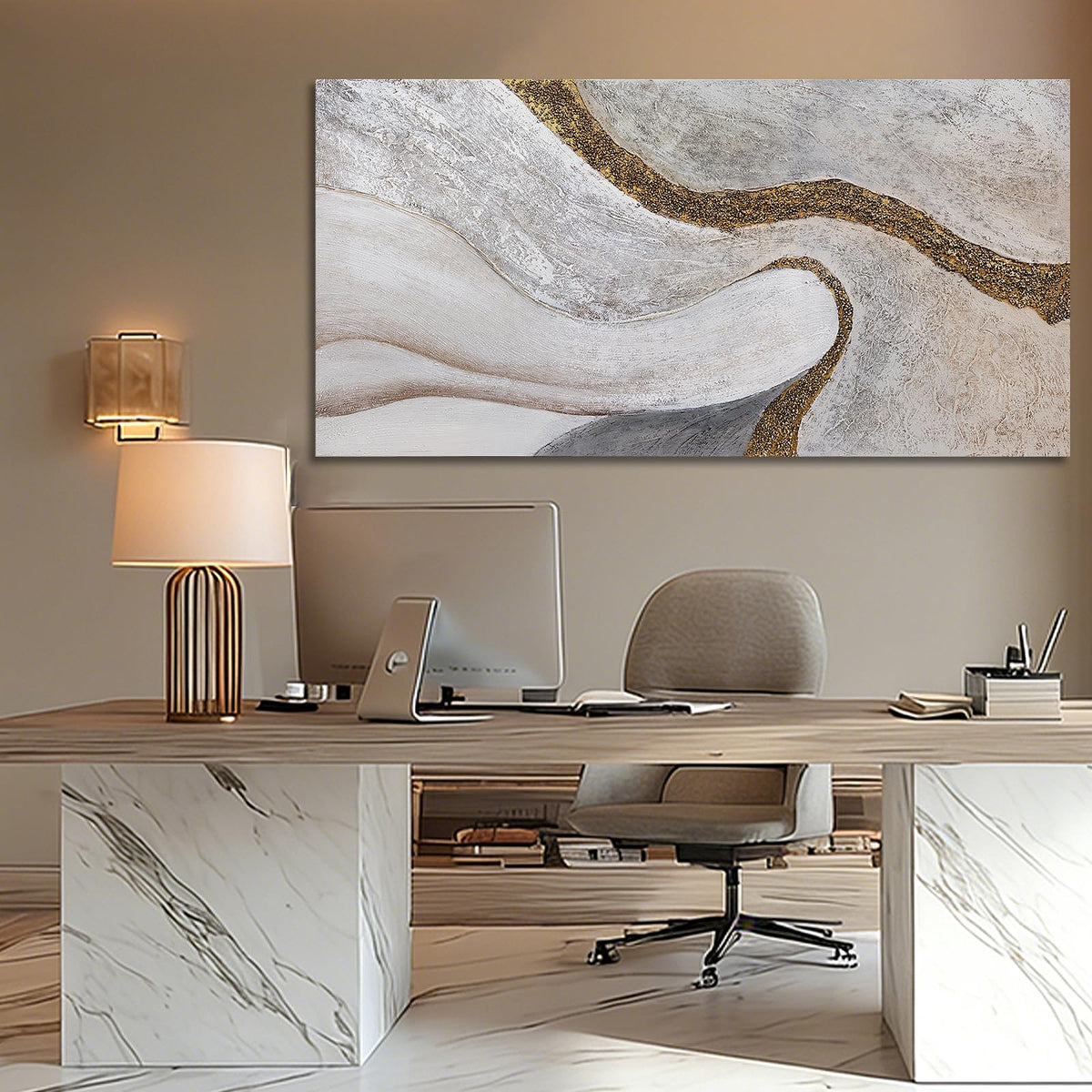 ZUNARE Modern White and Gold Abstract Canvas Wall Art Textured Posters Picture Flowing Line Design Minimalist Artwork for Living Room Bedroom Office Neutral Wall Decor 24x48 Inch