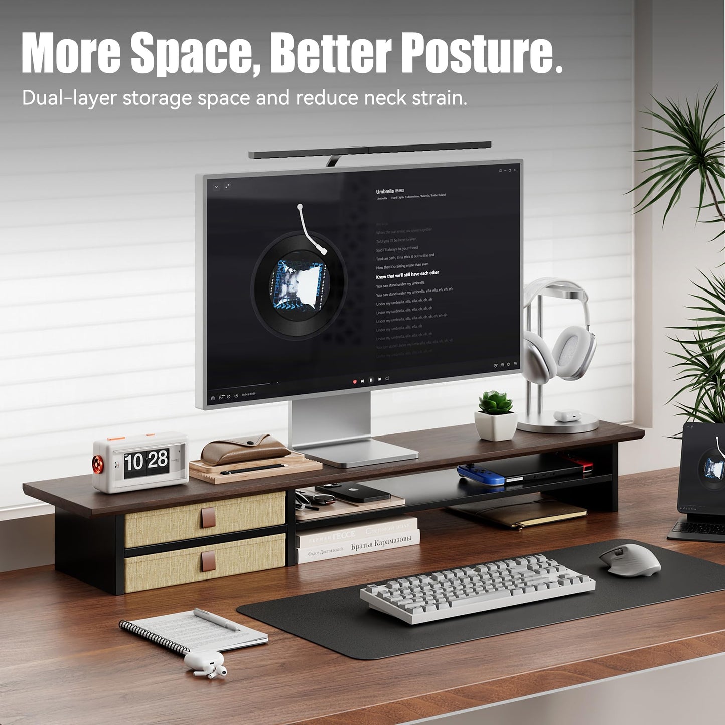 FENSULN Dual‑Tier Monitor Stand Riser with Drawers, Desktop Organizer Shelf Storage for Computer Screen 2 Monitors, Supports for PC Computer Monitor, Printer, Heavy TV Riser Brown and Black