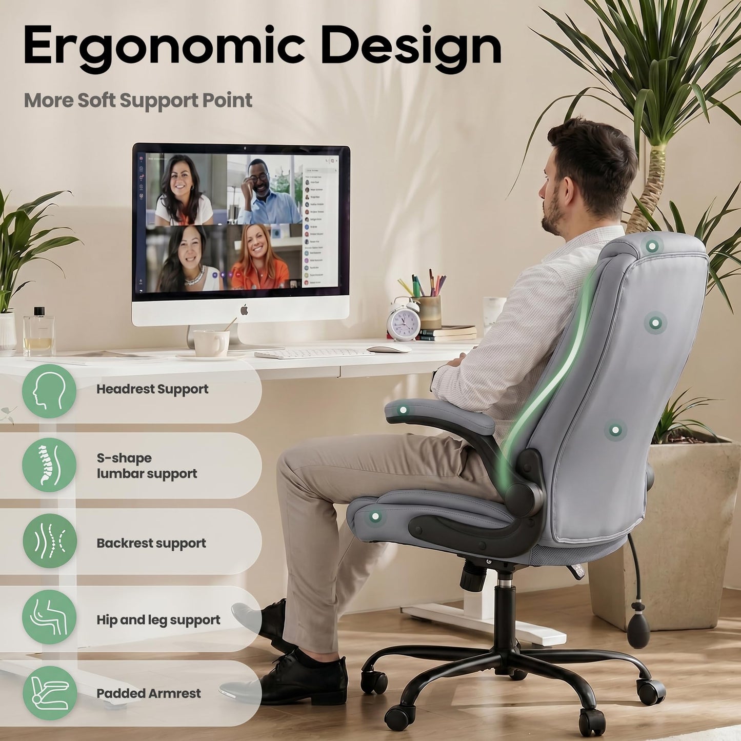 MALOL Leather Office Chair, Computer Desk Chair with Adjustable Lumbar Support, Thick Cushion, Flip-Up Arms and Ergonomic Back, Comfy Executive Office Chair for Home Office Gaming,Grey