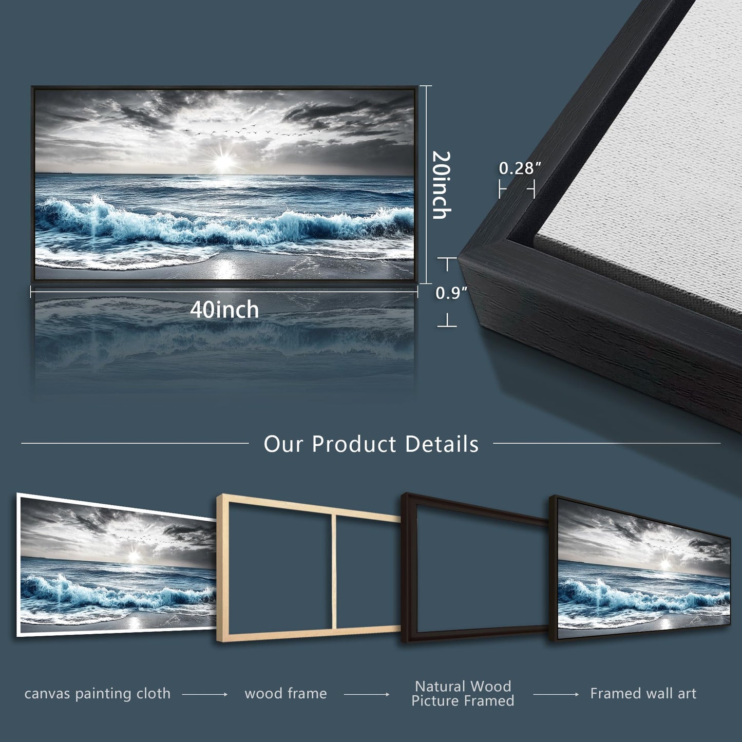 KELIYUAN Wall Decor For Living Room Canvas Wall Art For Bedroom Office Black And White Pictures Beach Wave Scenery Murals Artwork For Modern Stretched and Framed Beach Posters Home Decor 20"X40"