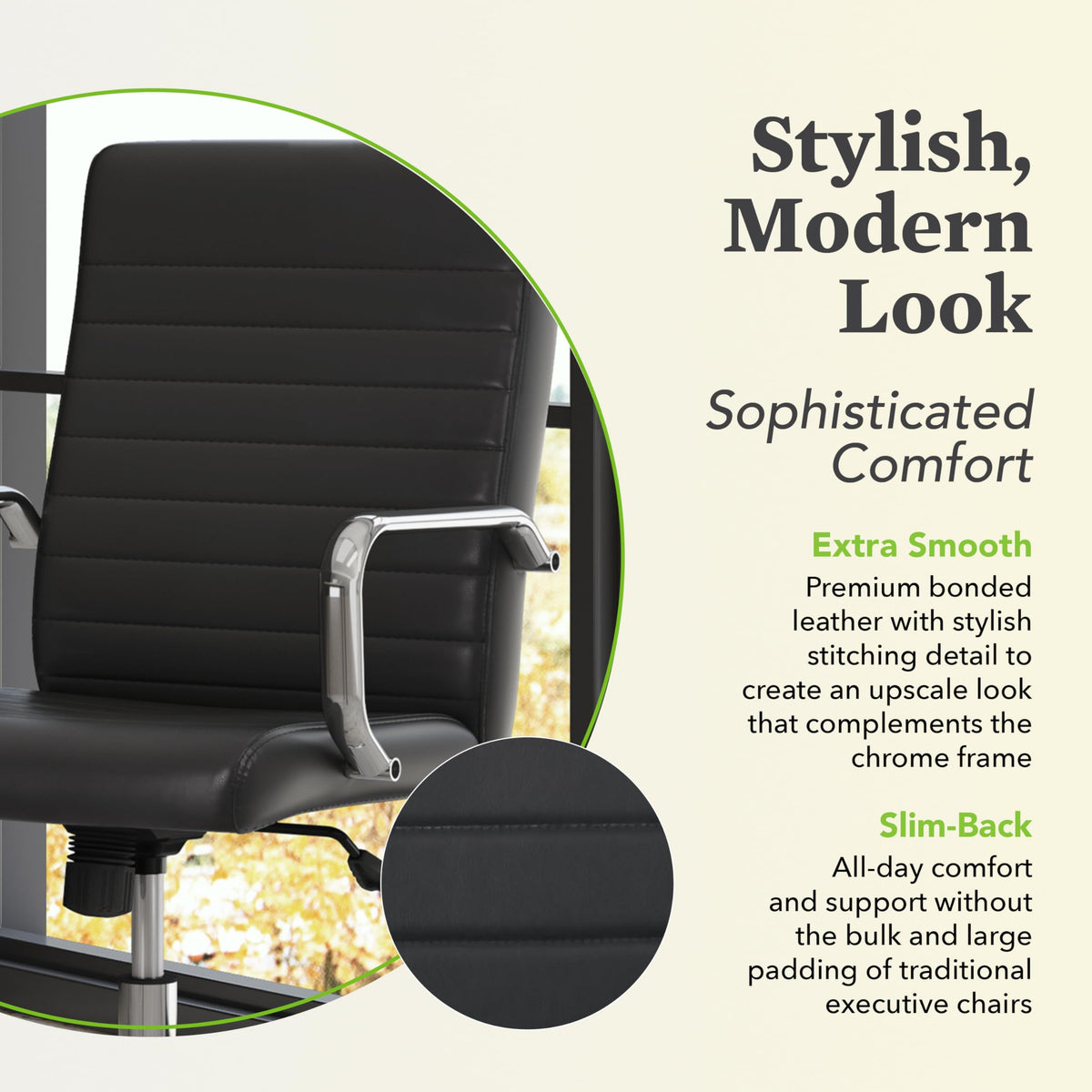 HON Sadie Executive Chair, Ergonomic Leather Office Chair with Chrome Arms and Back Support, for Computers, Desks, Home Offices, 360 Swivel, Black