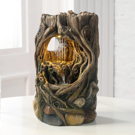 Kalona Tabletop Fountains Beautiful Stump Water Fountain Relaxation Raindrop Fountains Meditation Desk Fountain Artistic Waterfall Fountains Home/Office Decor(22013)