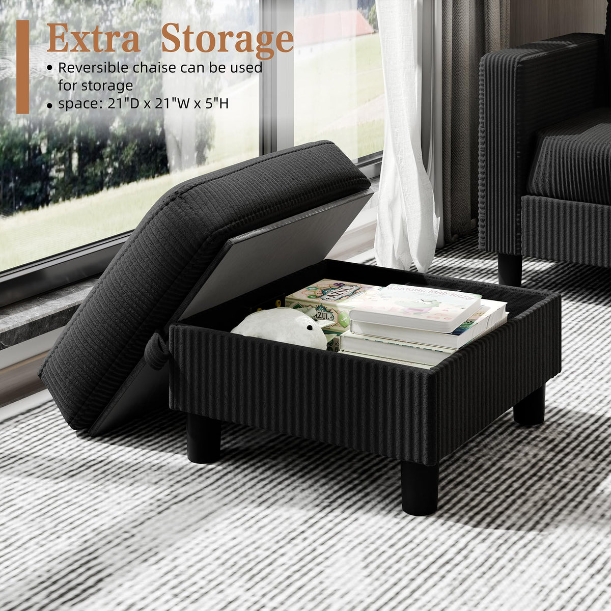 Shintenchi Modern Upholstered Sectional Sofa, L-Shaped Couch with Storage Ottoman and Reversible Chaise for Living Room, Black Corduroy Fabric