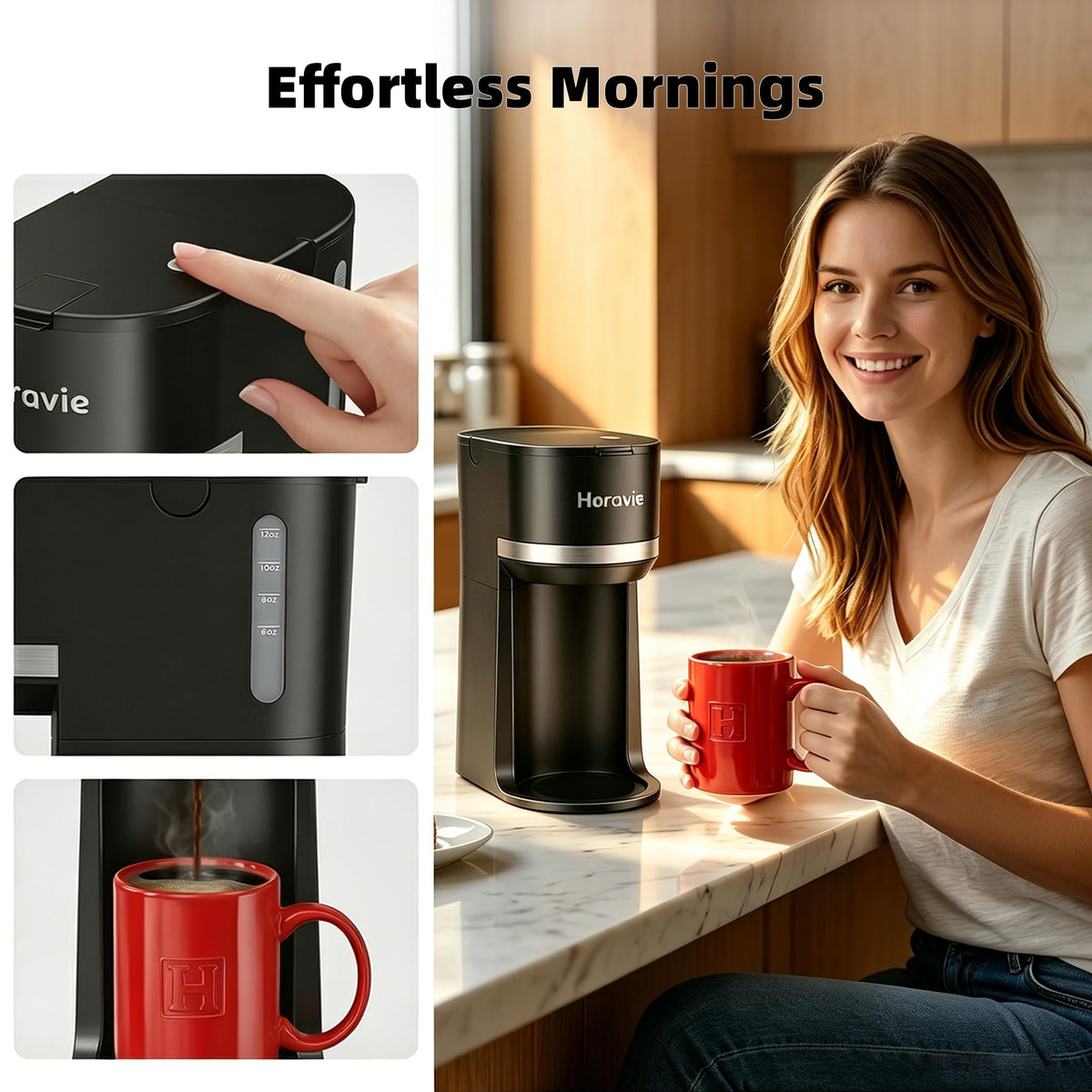 Horavie Small Single Serve Coffee Maker for K Cup and Grounds, Fast Brew One Cup Coffee Machine with One Button, 6 to 12 oz. Brew Sizes, Perfect for Home and Travel, Black