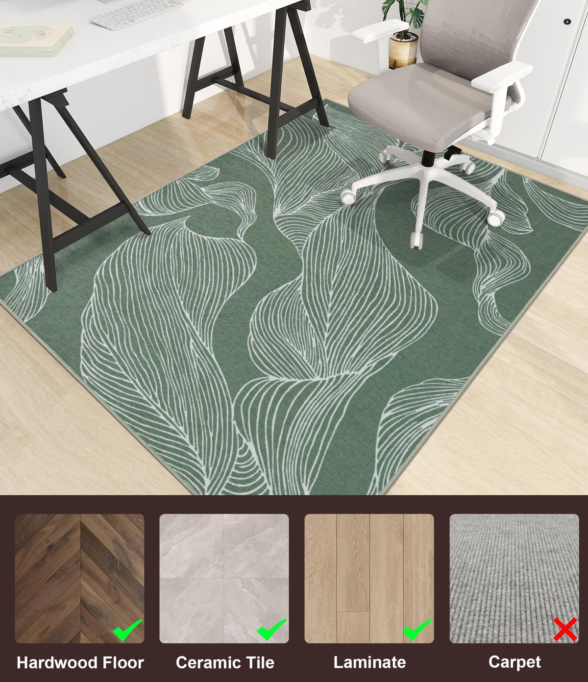 chakme Office Chair Mat for Hardwood Floor, 48"x36" Easy Glide Computer Desk Mat Protector for Rolling Chair Under Desk Rug Nonslip Backing, Machine Wash, (Leaf)