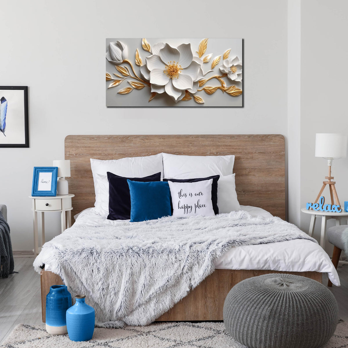 Canvas Wall Art for Living Room Bedroom Office White and Gold Flower Artwork Large Botanical Floral Wall Art Framed Wall Decor Modern Canvas Prints 20x40 In