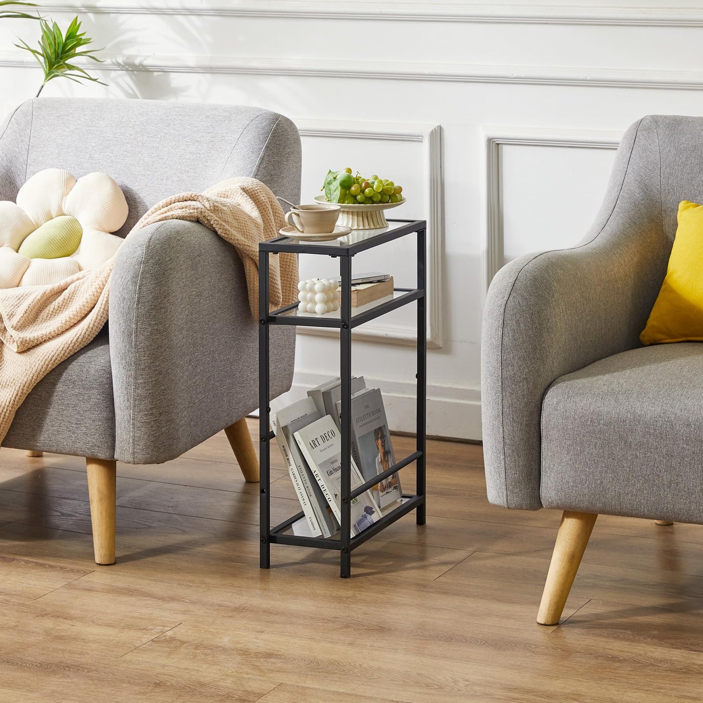 IBUYKE Narrow Side Table with Storage Shelf, 3 Tier Slim End Table,Modern Sofa Table, Small Nightstand, Telephone Table for Small Spaces,for Living Room, Bedroom, Black UTMZ002B
